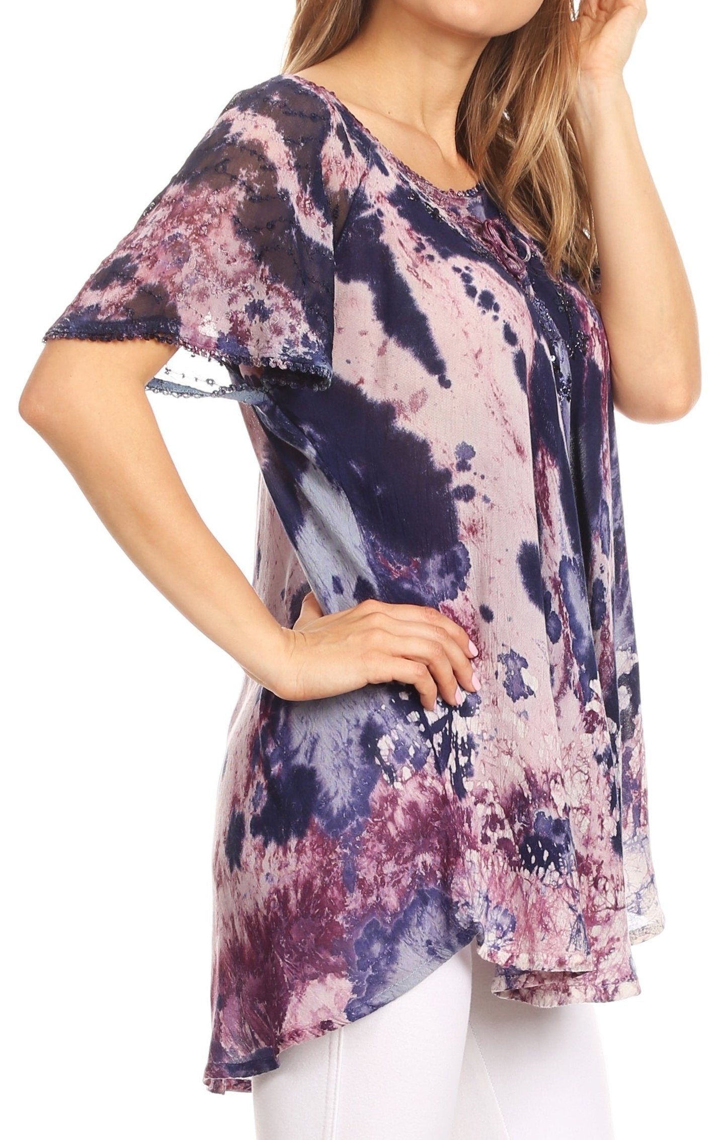 Sakkas Celia Marble Batik Short Sleeve Blouse/Top with Embroidery and Crochet - Concordia Style Boutique