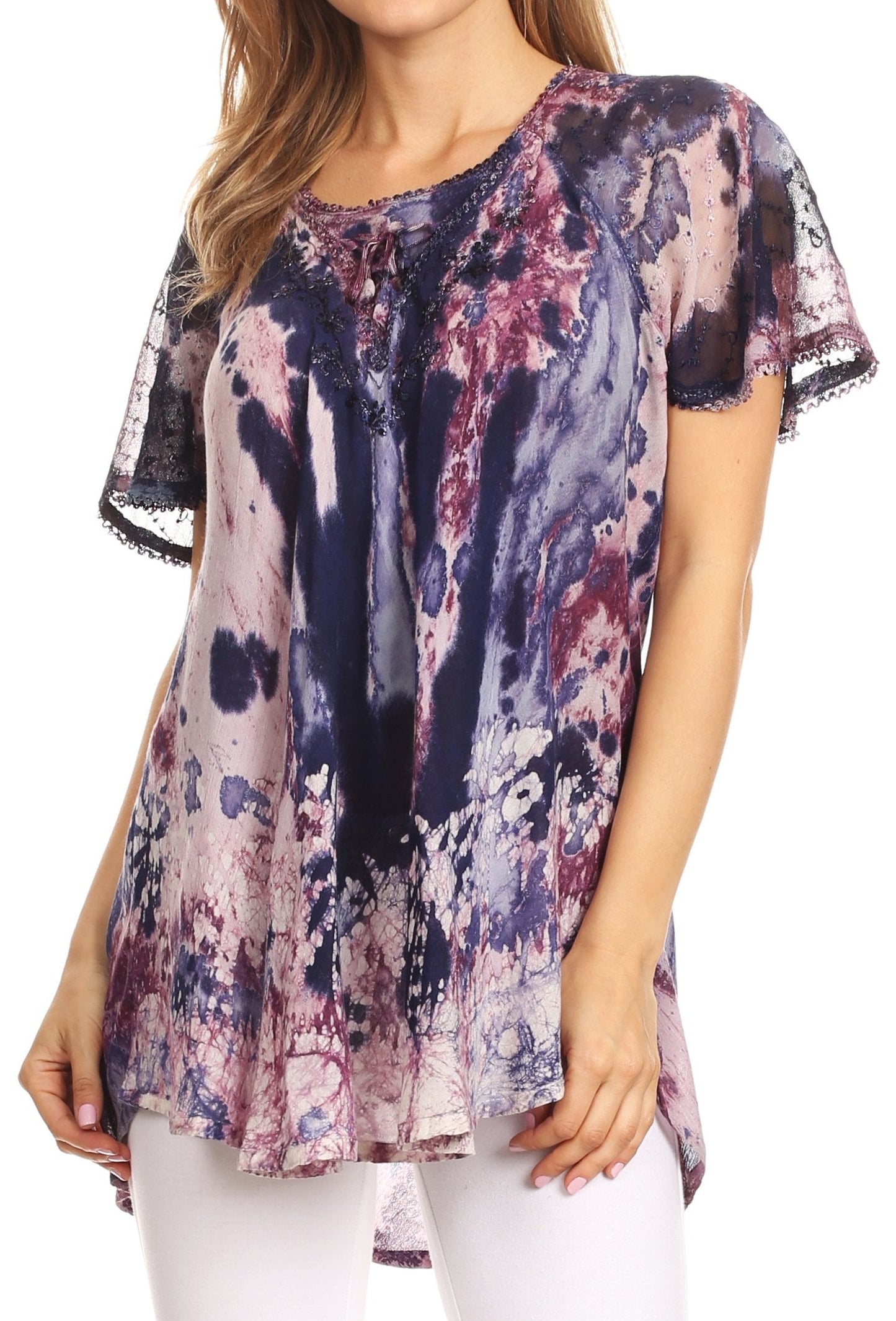 Sakkas Celia Marble Batik Short Sleeve Blouse/Top with Embroidery and Crochet - Concordia Style Boutique