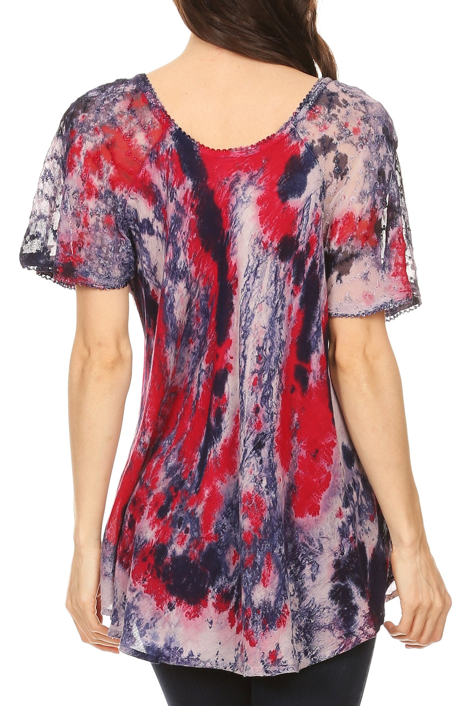 Sakkas Celia Marble Batik Short Sleeve Blouse/Top with Embroidery and Crochet - Concordia Style Boutique