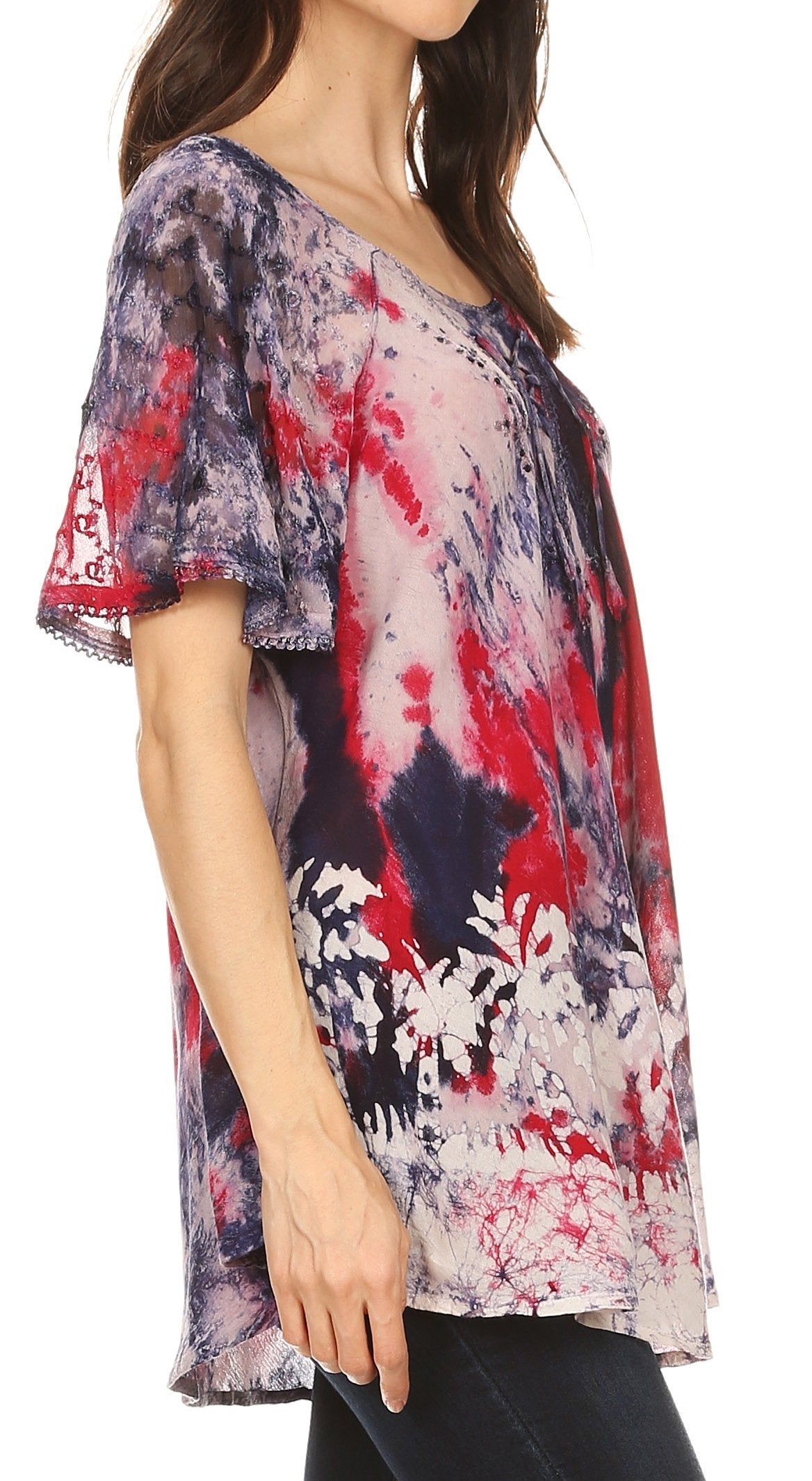 Sakkas Celia Marble Batik Short Sleeve Blouse/Top with Embroidery and Crochet - Concordia Style Boutique