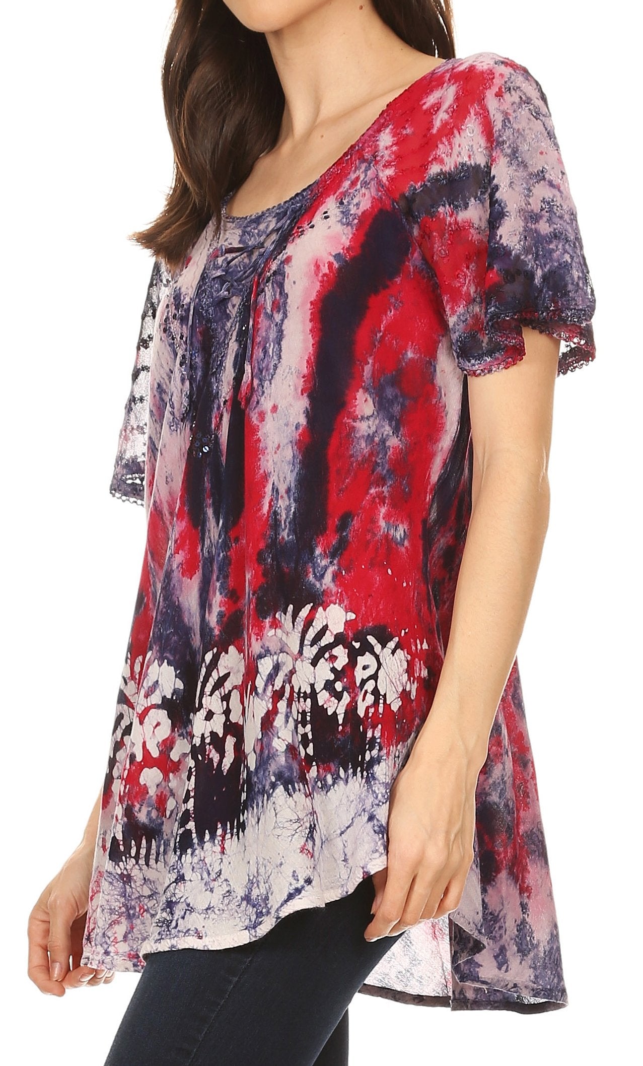 Sakkas Celia Marble Batik Short Sleeve Blouse/Top with Embroidery and Crochet - Concordia Style Boutique