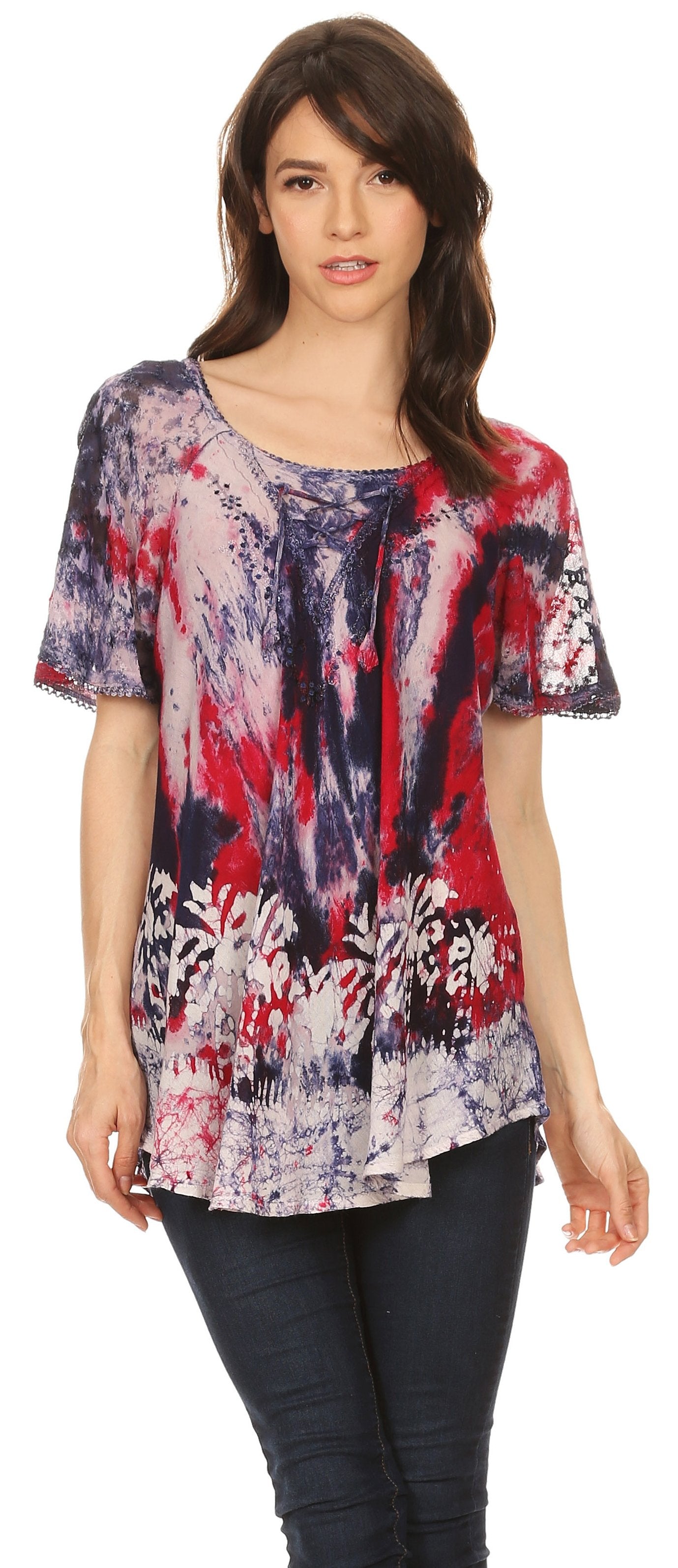 Sakkas Celia Marble Batik Short Sleeve Blouse/Top with Embroidery and Crochet - Concordia Style Boutique