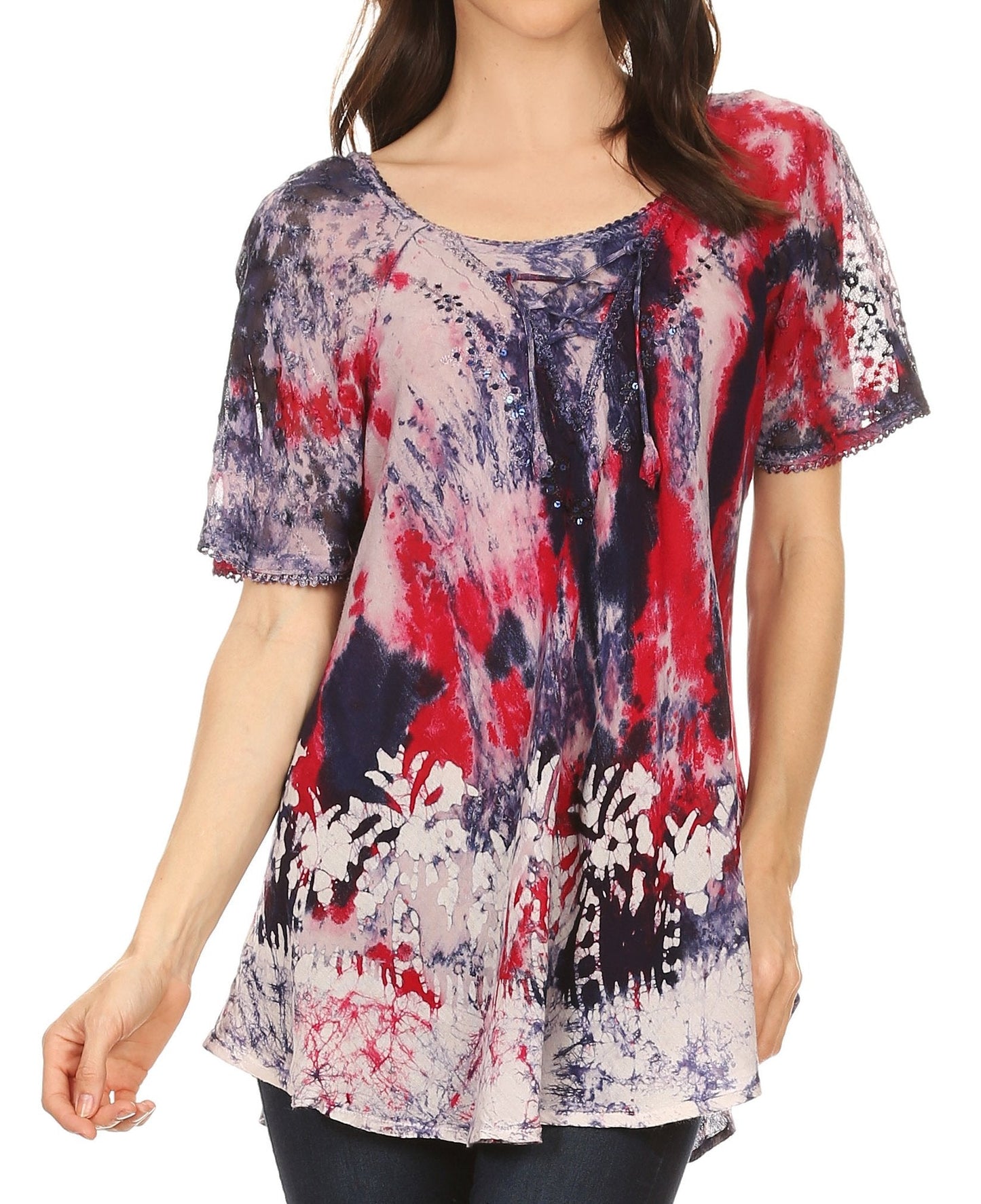 Sakkas Celia Marble Batik Short Sleeve Blouse/Top with Embroidery and Crochet - Concordia Style Boutique