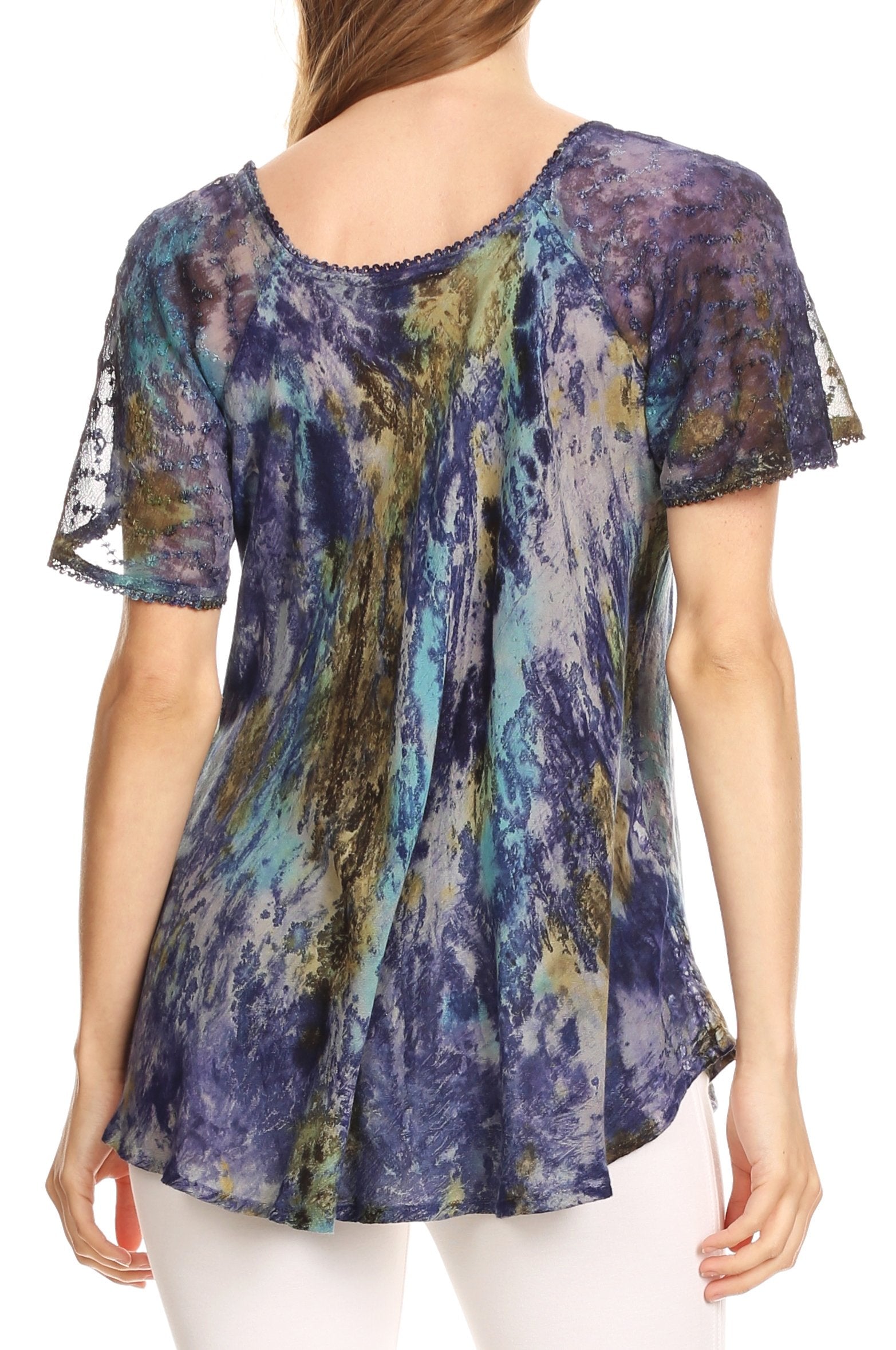 Sakkas Celia Marble Batik Short Sleeve Blouse/Top with Embroidery and Crochet - Concordia Style Boutique