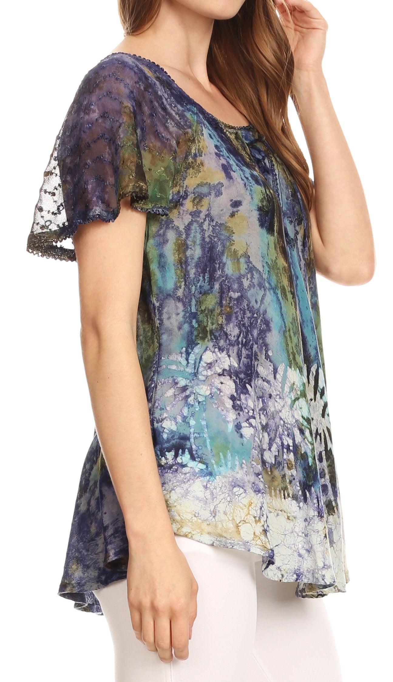 Sakkas Celia Marble Batik Short Sleeve Blouse/Top with Embroidery and Crochet - Concordia Style Boutique