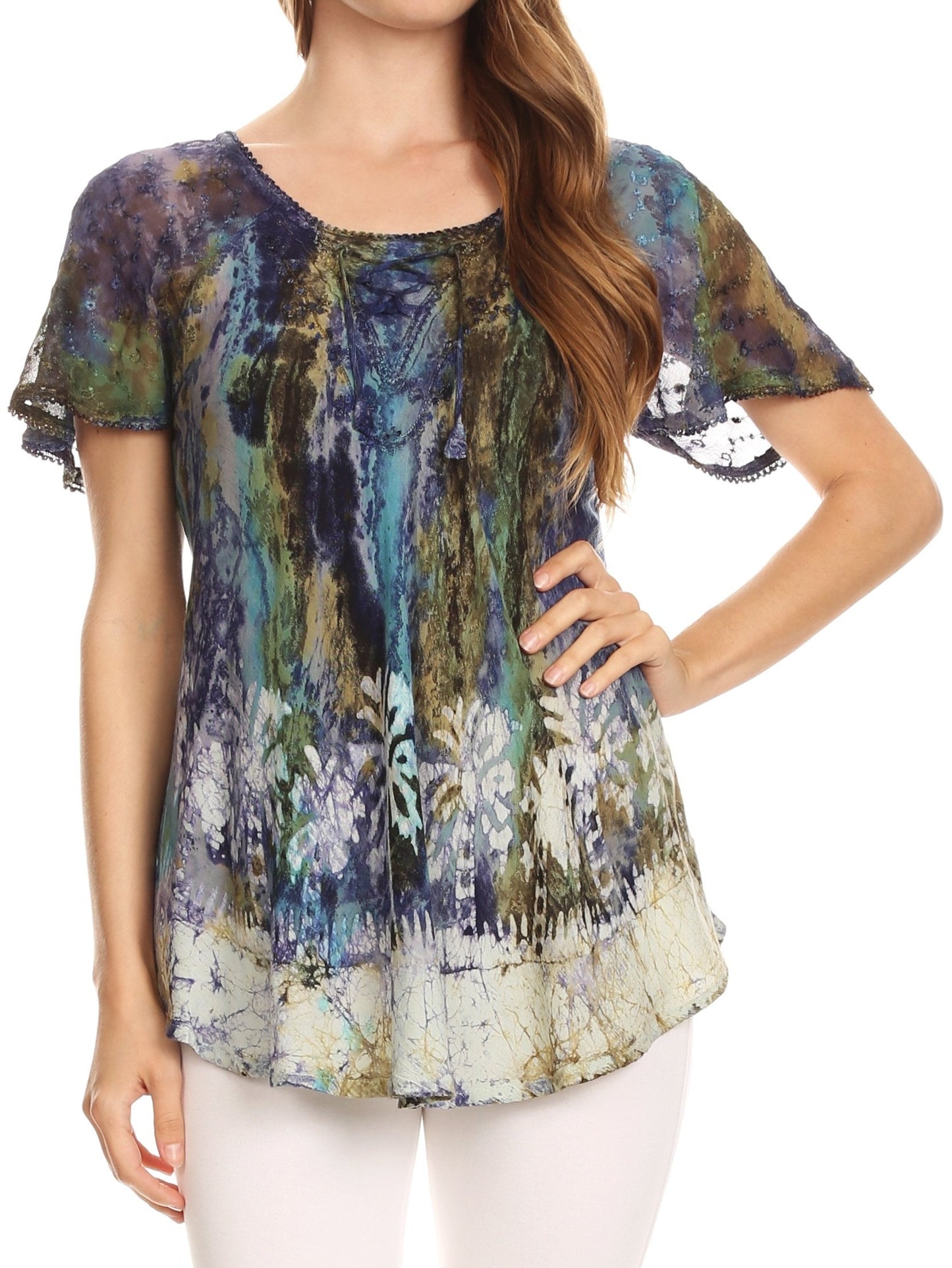 Sakkas Celia Marble Batik Short Sleeve Blouse/Top with Embroidery and Crochet - Concordia Style Boutique
