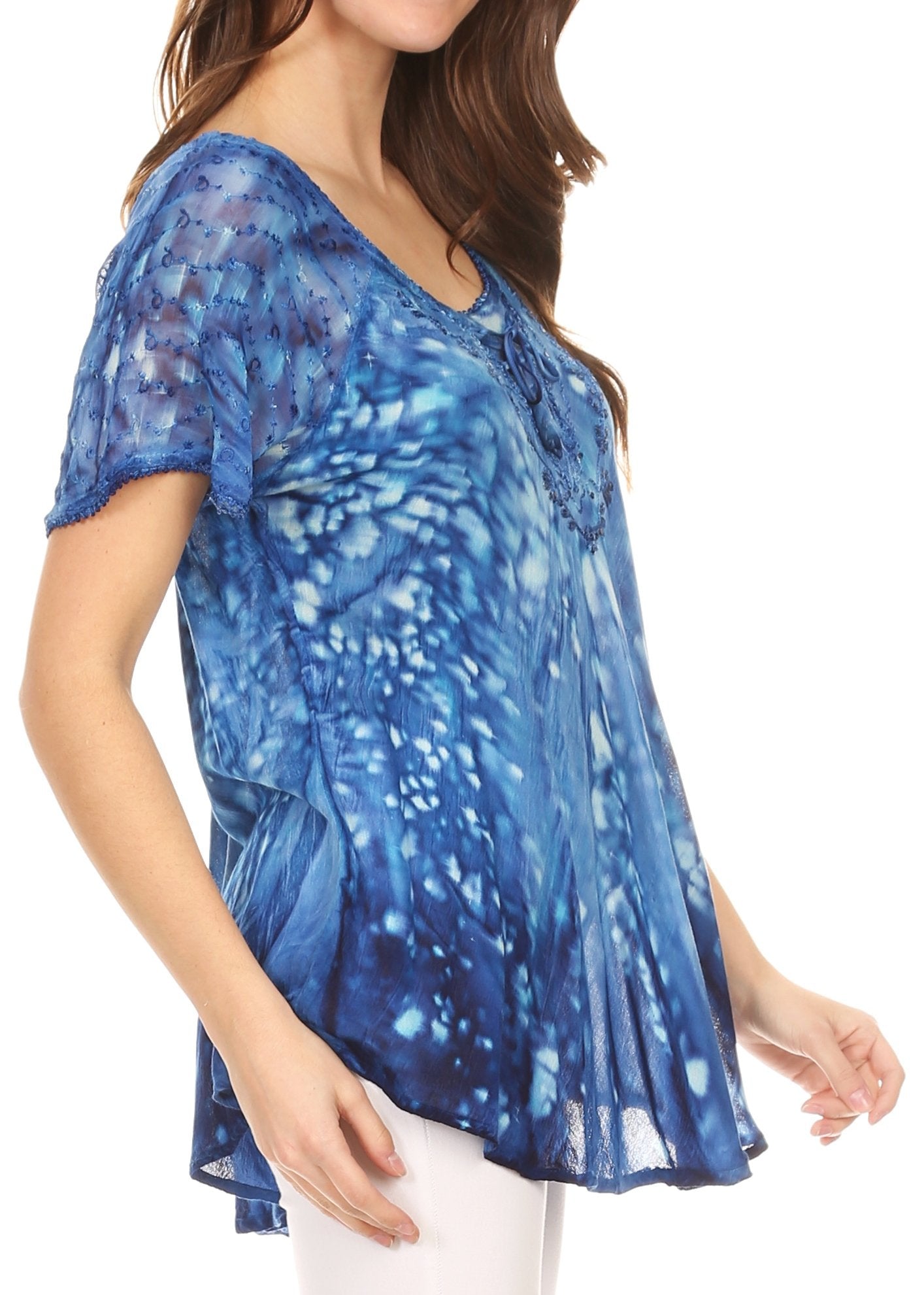 Sakkas Mira Tie Dye Two Tone Sheer Cap Sleeve Relaxed Fit Embellished Tunic Top - Concordia Style Boutique