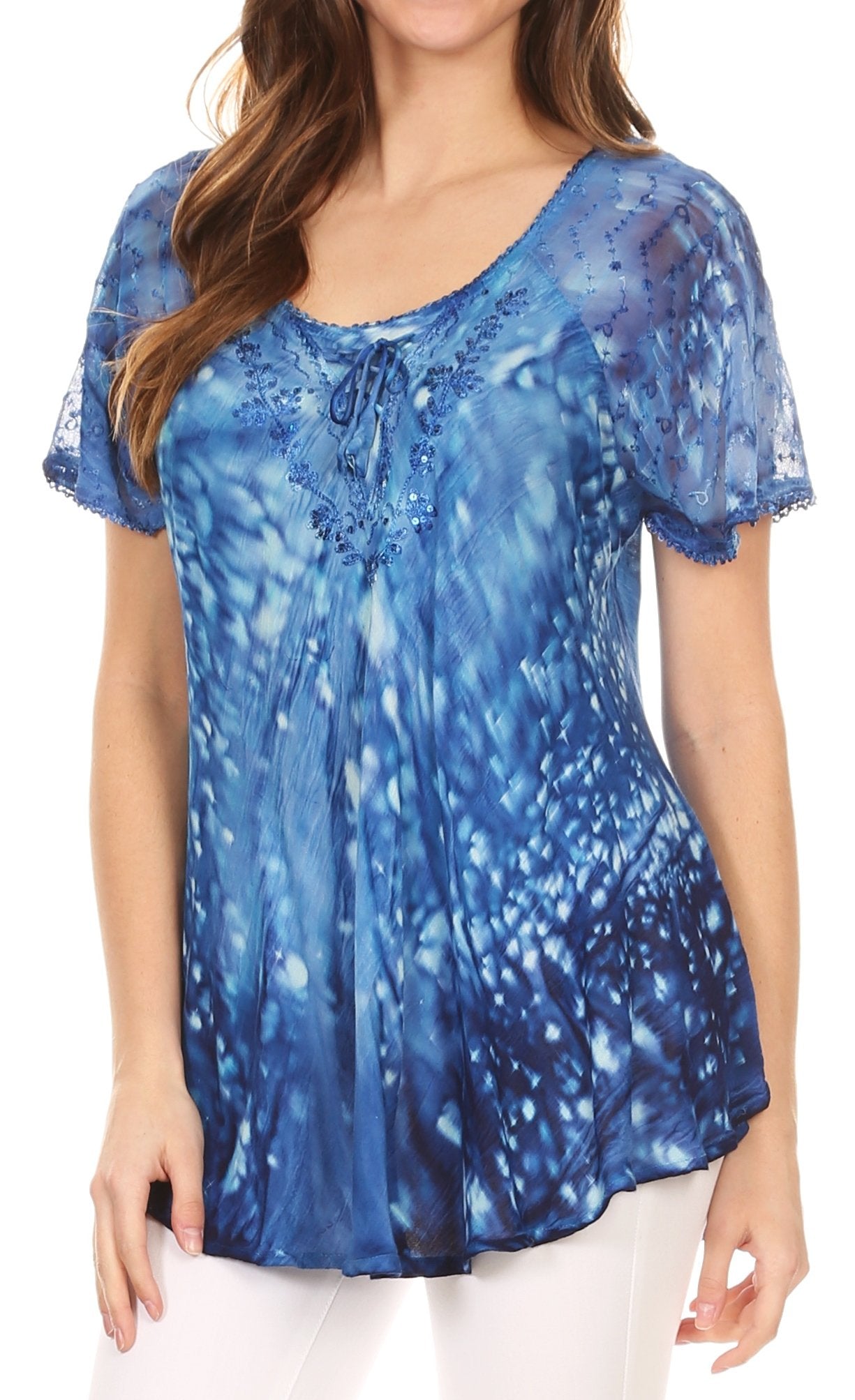 Sakkas Mira Tie Dye Two Tone Sheer Cap Sleeve Relaxed Fit Embellished Tunic Top - Concordia Style Boutique