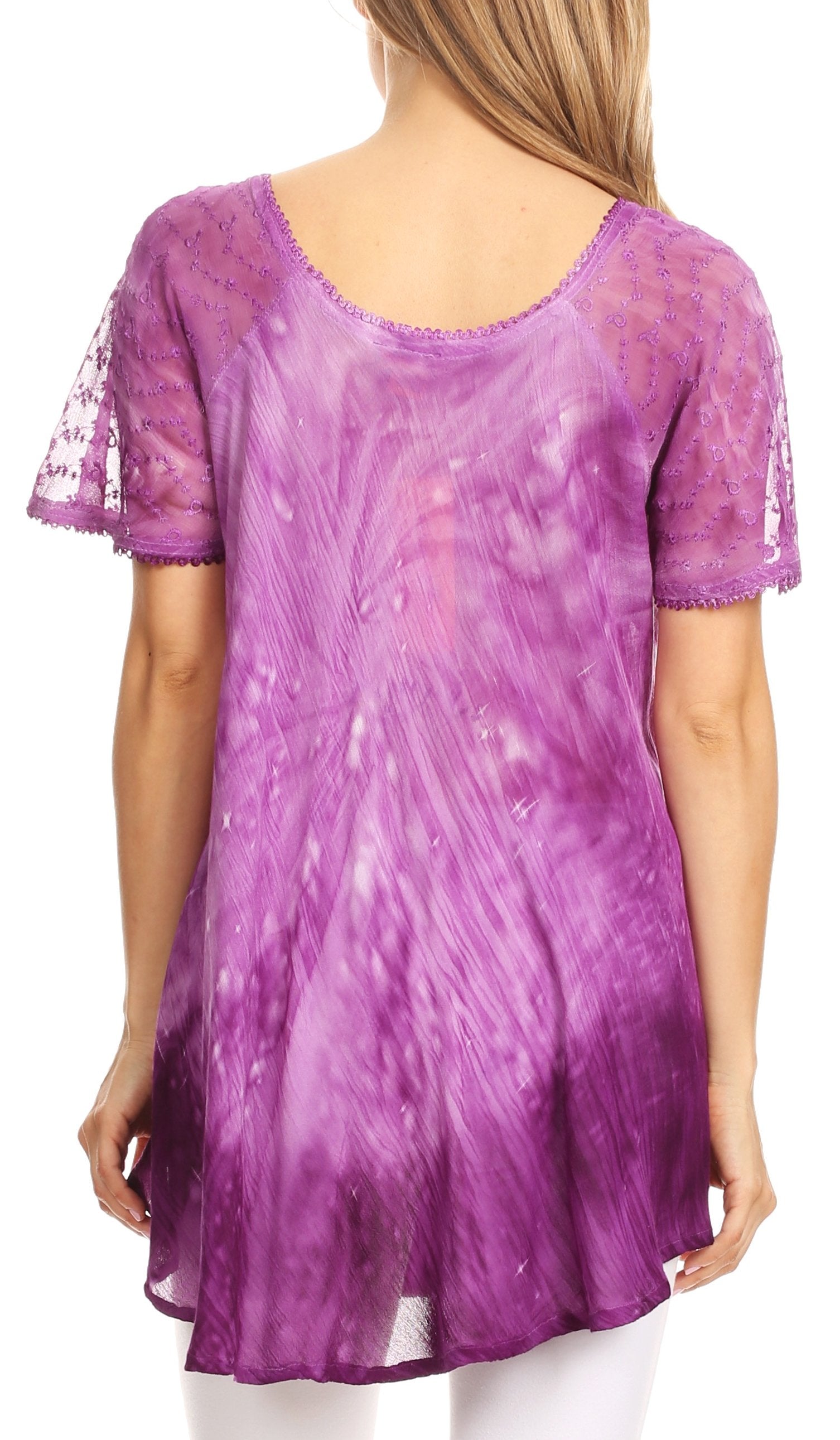 Sakkas Mira Tie Dye Two Tone Sheer Cap Sleeve Relaxed Fit Embellished Tunic Top - Concordia Style Boutique