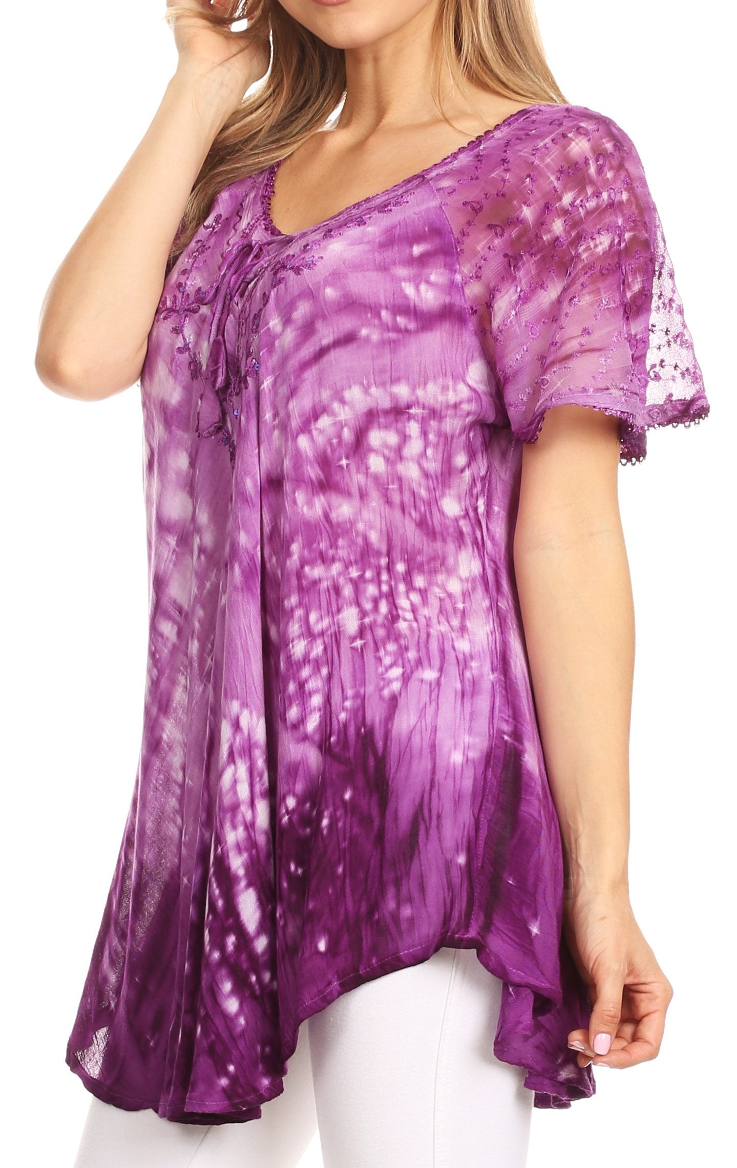 Sakkas Mira Tie Dye Two Tone Sheer Cap Sleeve Relaxed Fit Embellished Tunic Top - Concordia Style Boutique