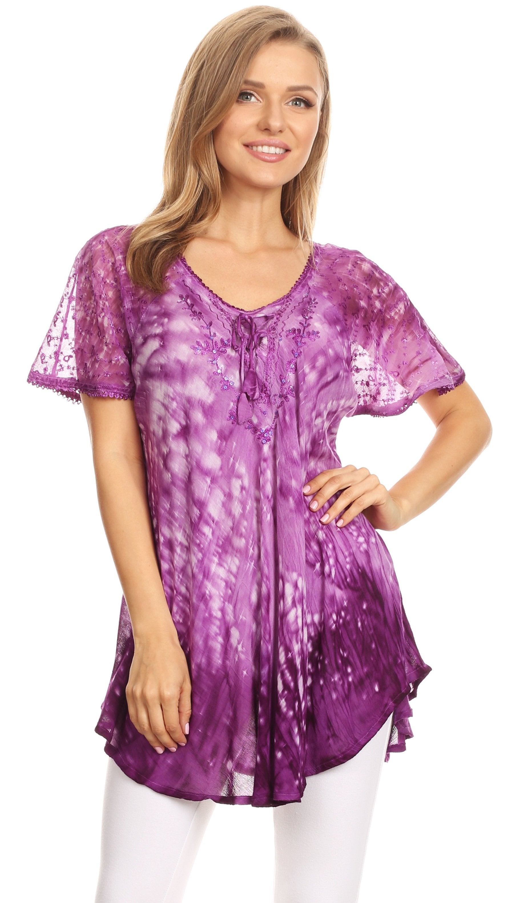 Sakkas Mira Tie Dye Two Tone Sheer Cap Sleeve Relaxed Fit Embellished Tunic Top - Concordia Style Boutique