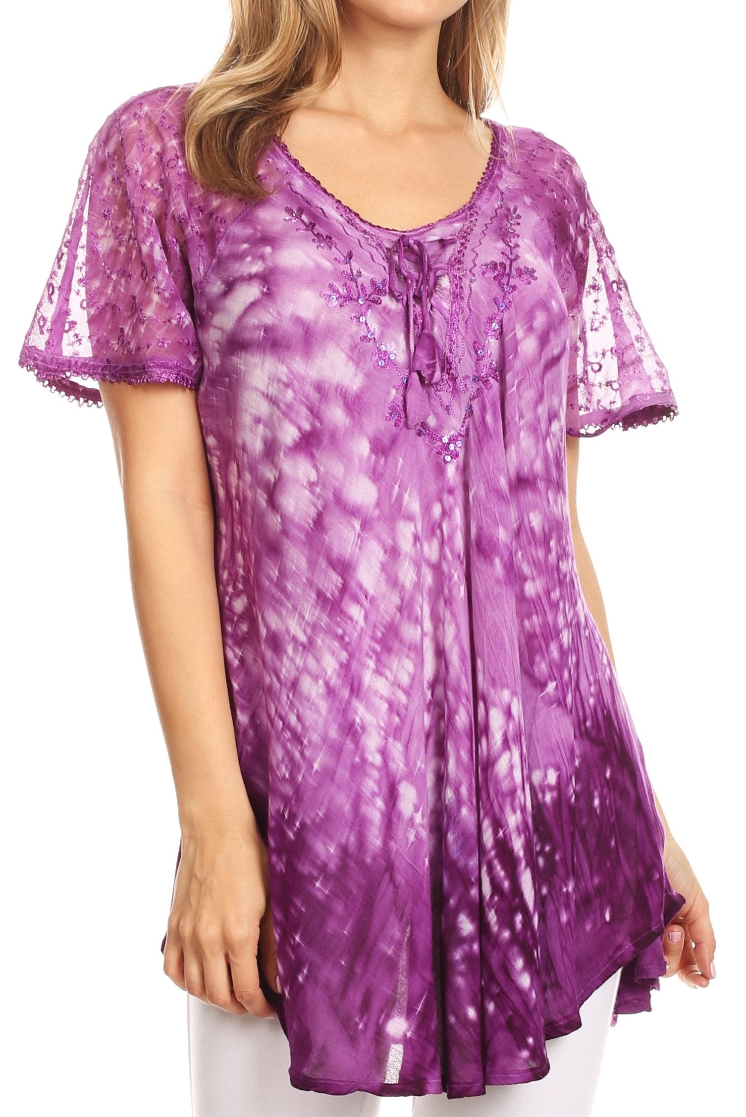 Sakkas Mira Tie Dye Two Tone Sheer Cap Sleeve Relaxed Fit Embellished Tunic Top - Concordia Style Boutique