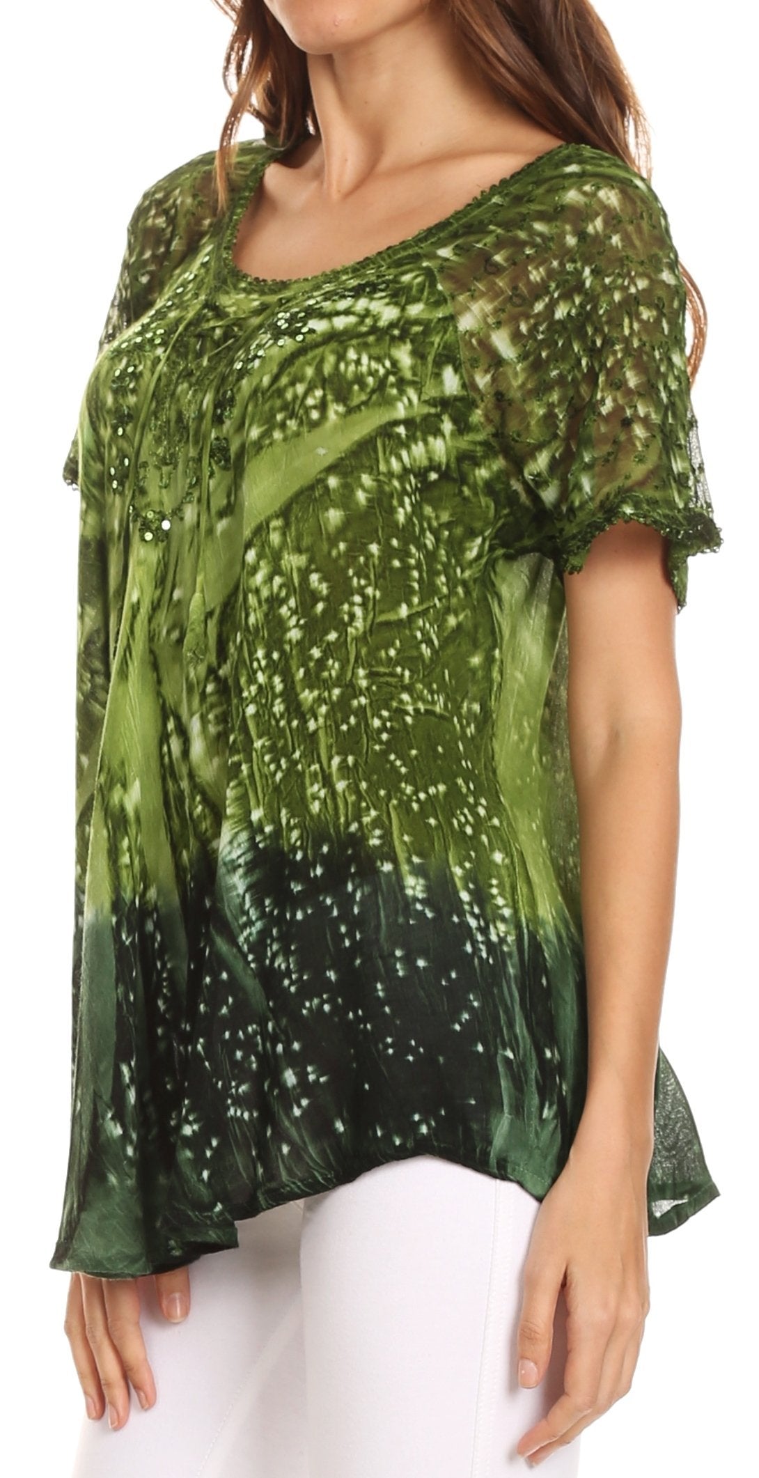 Sakkas Mira Tie Dye Two Tone Sheer Cap Sleeve Relaxed Fit Embellished Tunic Top - Concordia Style Boutique