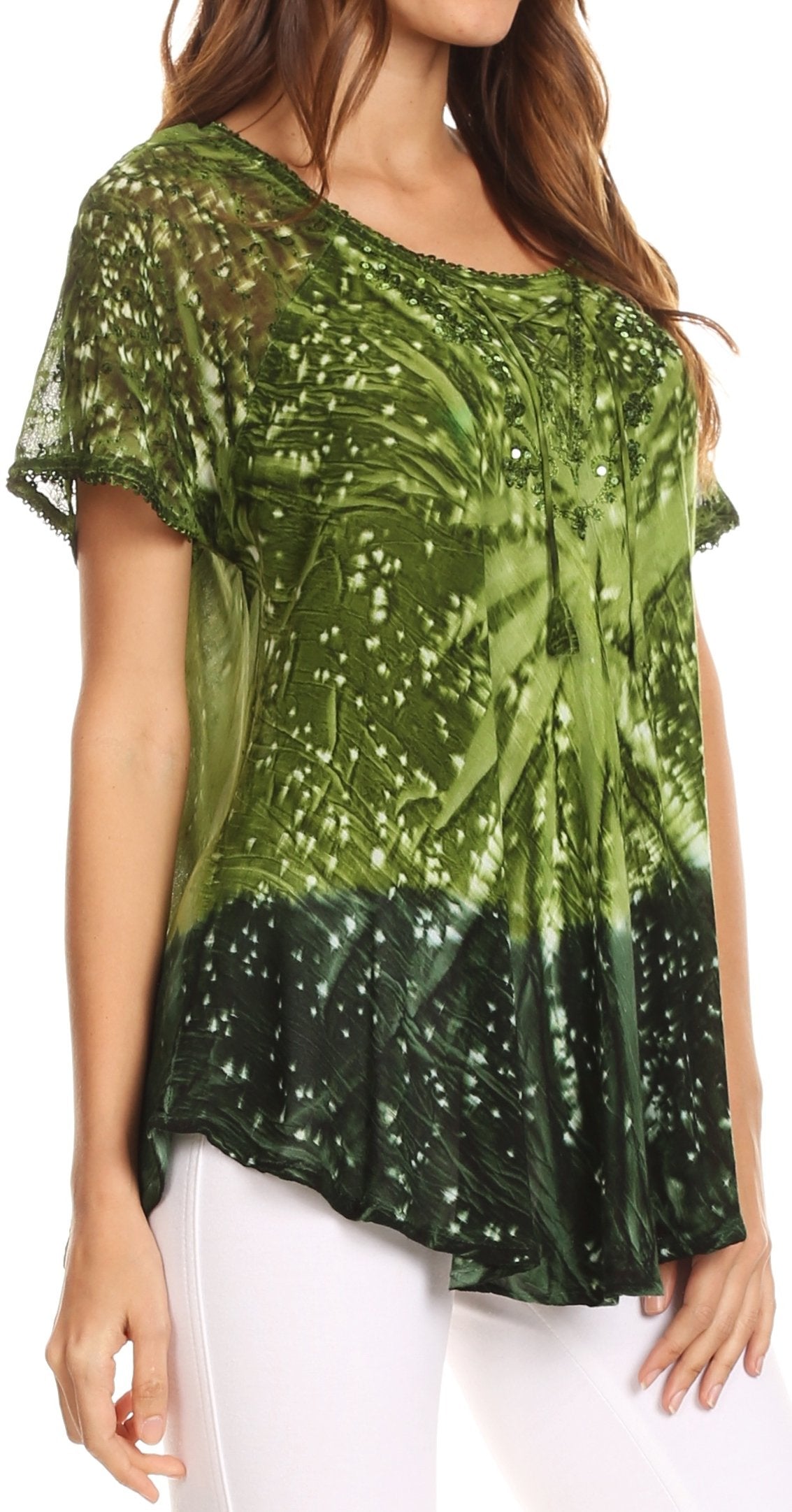 Sakkas Mira Tie Dye Two Tone Sheer Cap Sleeve Relaxed Fit Embellished Tunic Top - Concordia Style Boutique