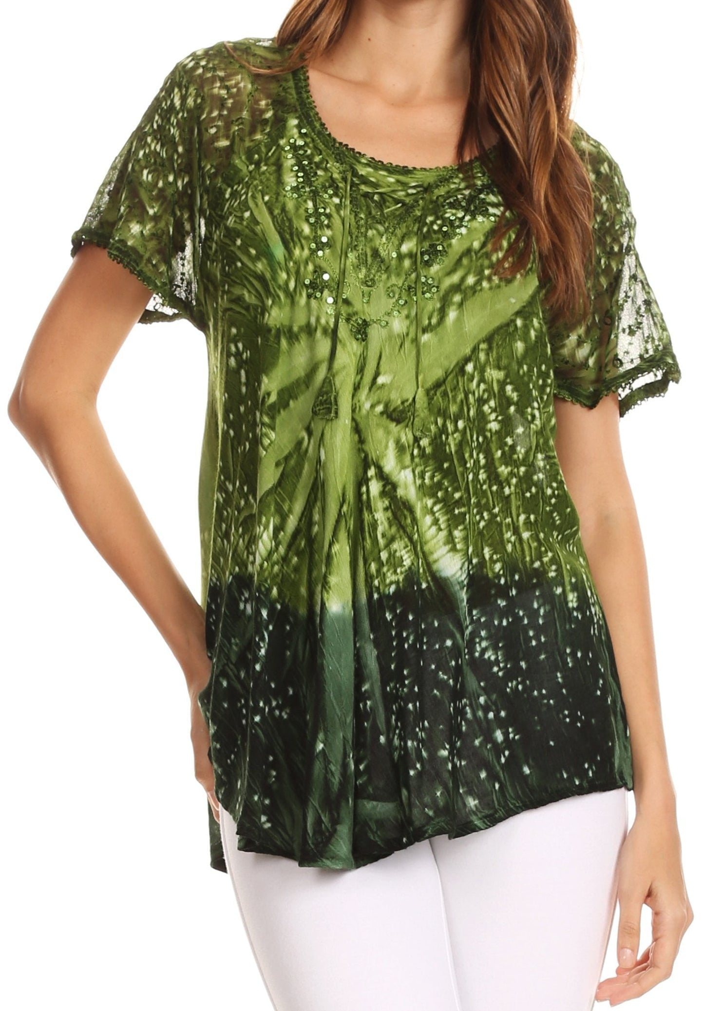 Sakkas Mira Tie Dye Two Tone Sheer Cap Sleeve Relaxed Fit Embellished Tunic Top - Concordia Style Boutique