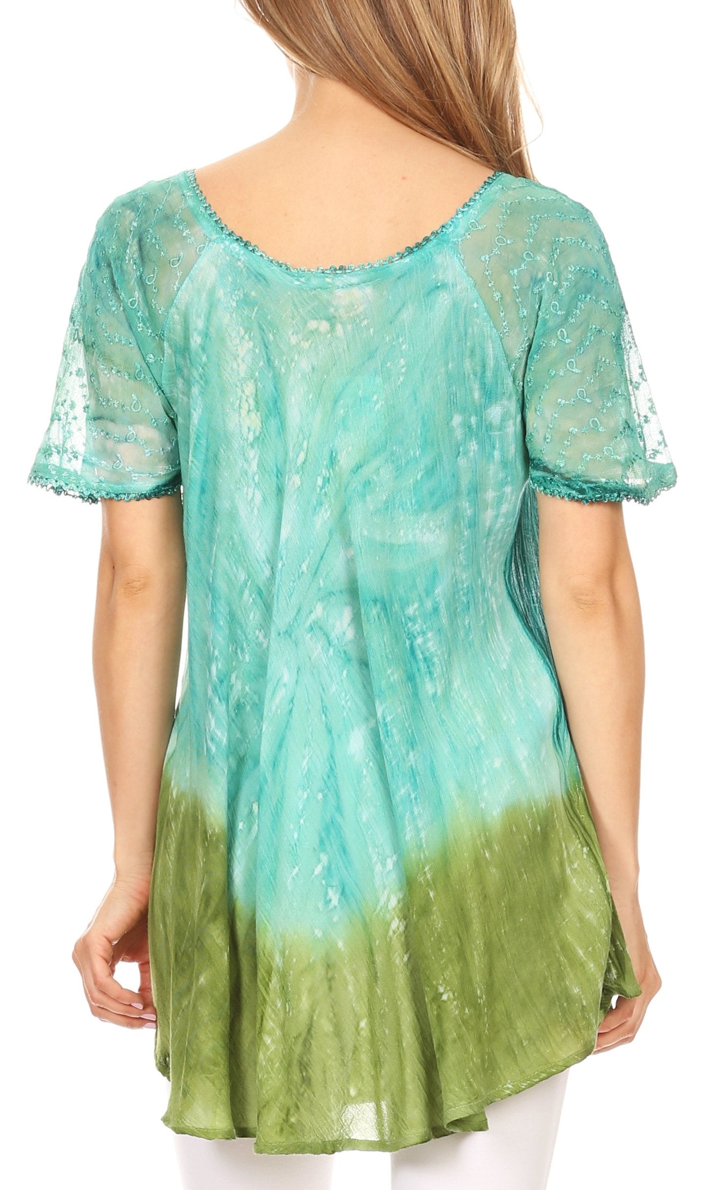 Sakkas Mira Tie Dye Two Tone Sheer Cap Sleeve Relaxed Fit Embellished Tunic Top - Concordia Style Boutique