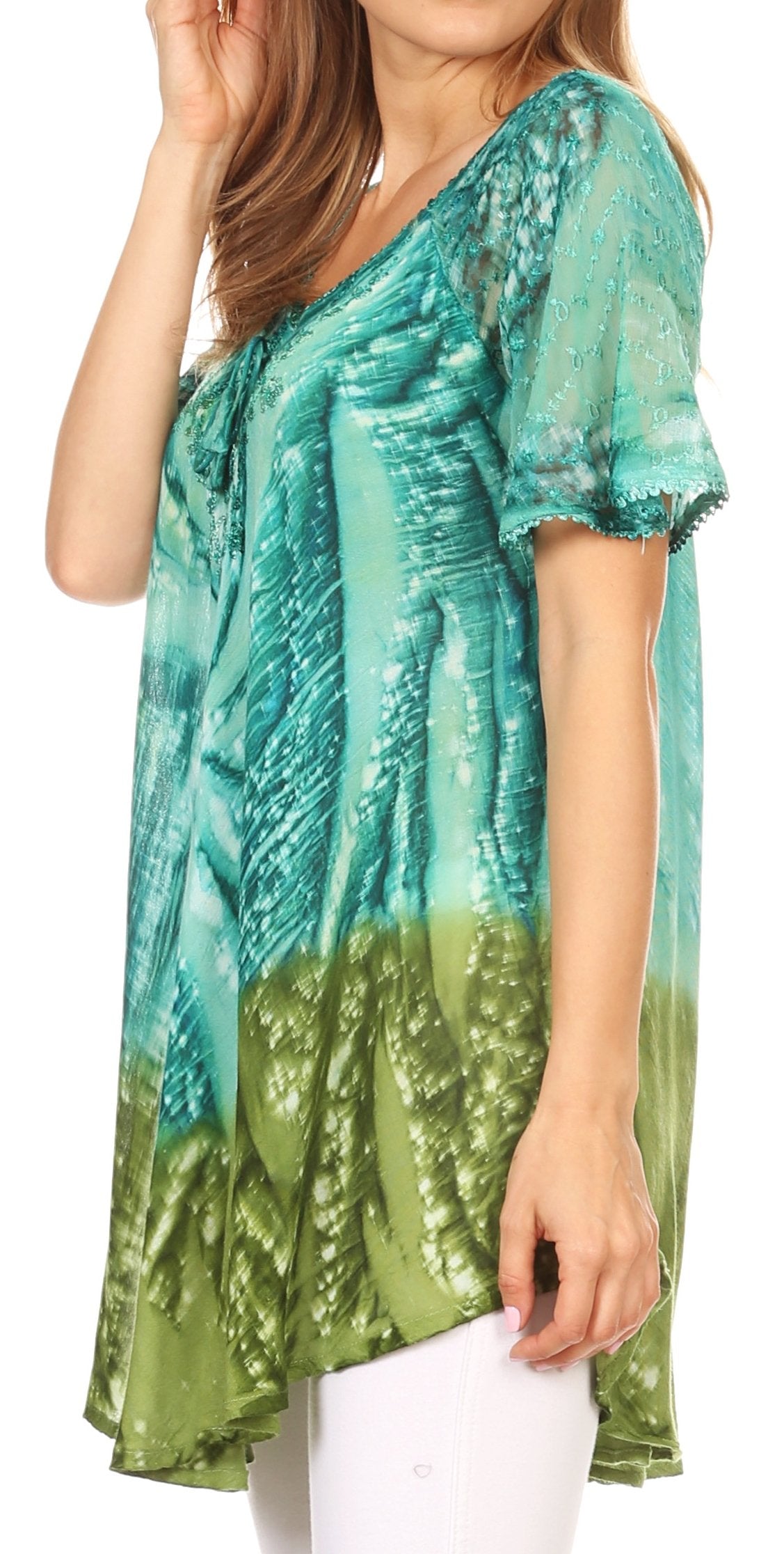 Sakkas Mira Tie Dye Two Tone Sheer Cap Sleeve Relaxed Fit Embellished Tunic Top - Concordia Style Boutique