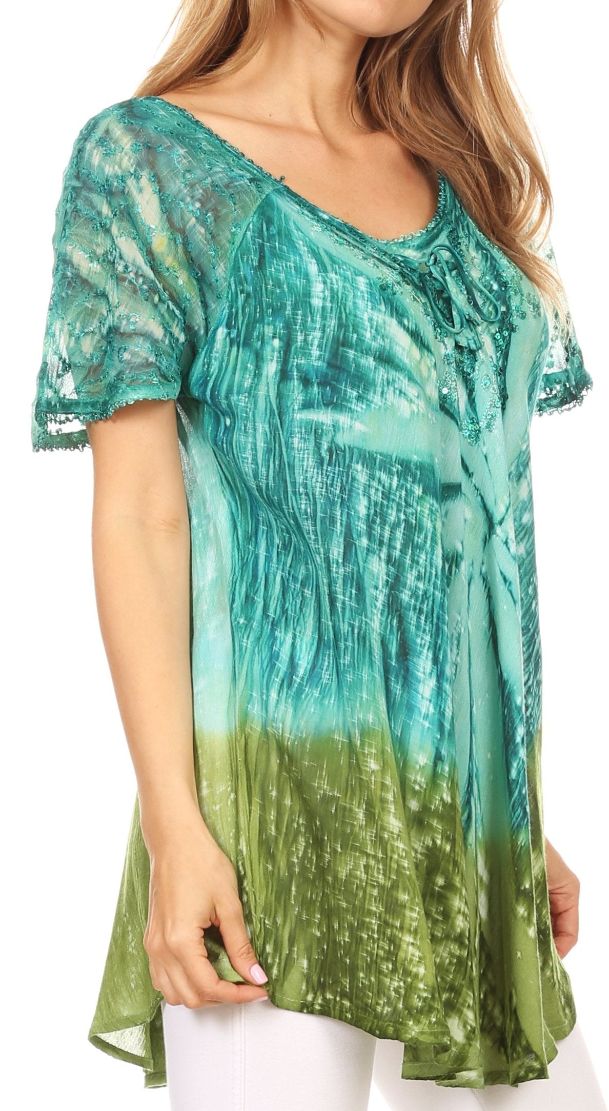 Sakkas Mira Tie Dye Two Tone Sheer Cap Sleeve Relaxed Fit Embellished Tunic Top - Concordia Style Boutique