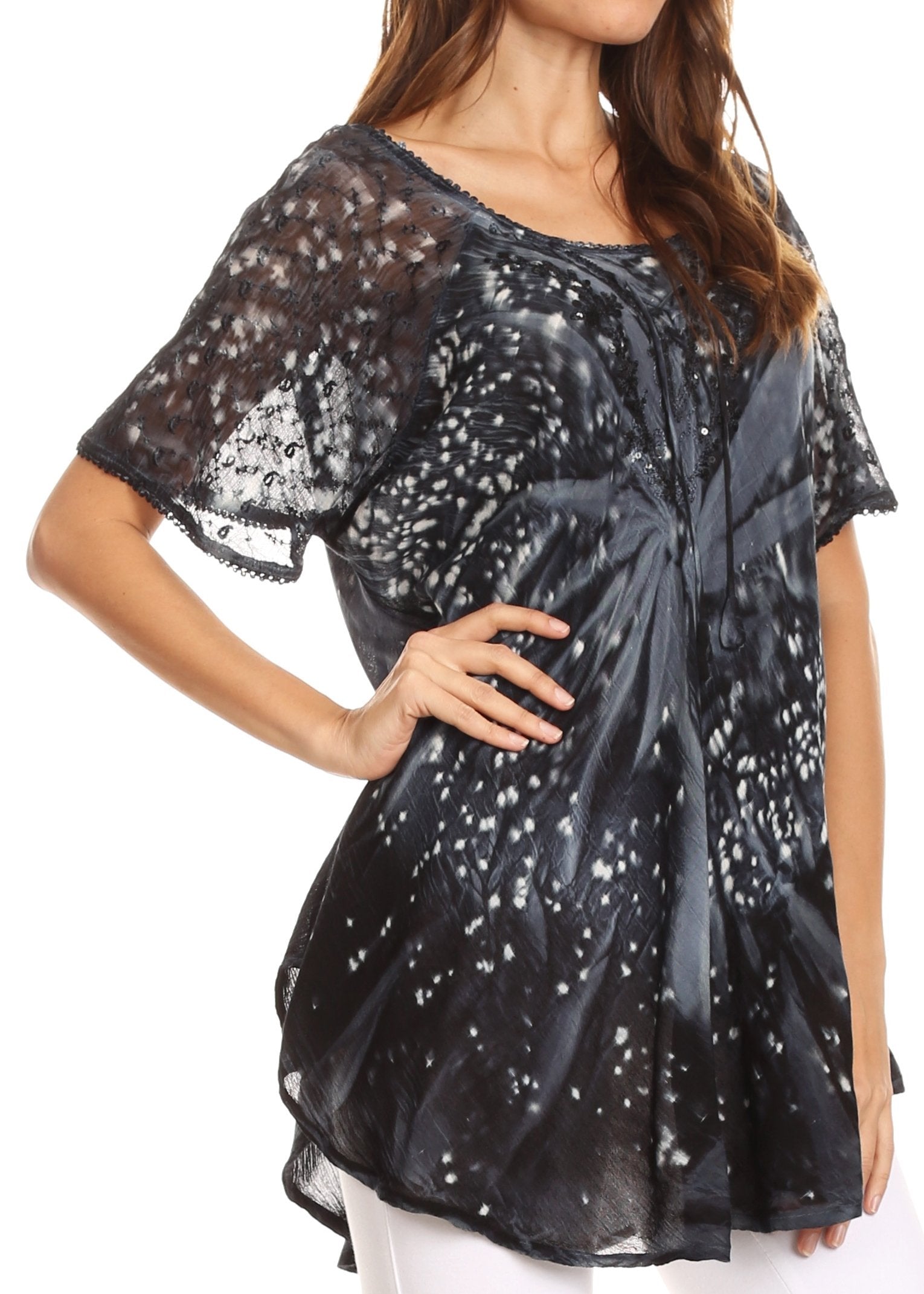 Sakkas Mira Tie Dye Two Tone Sheer Cap Sleeve Relaxed Fit Embellished Tunic Top - Concordia Style Boutique