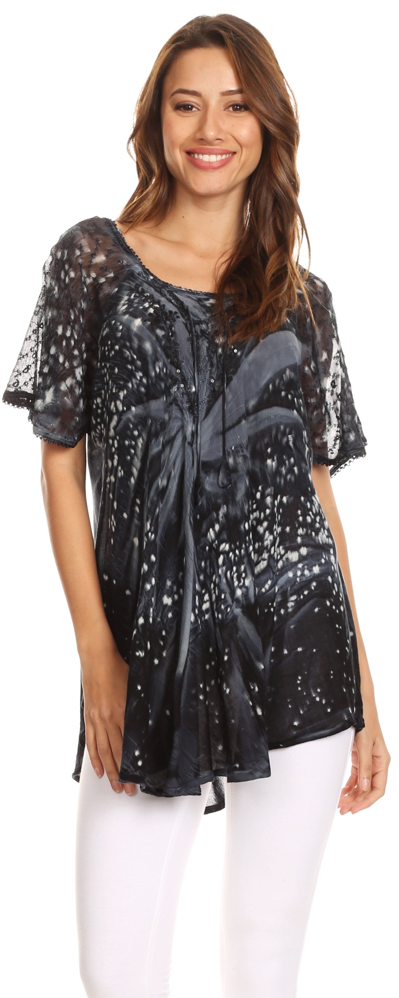 Sakkas Mira Tie Dye Two Tone Sheer Cap Sleeve Relaxed Fit Embellished Tunic Top - Concordia Style Boutique