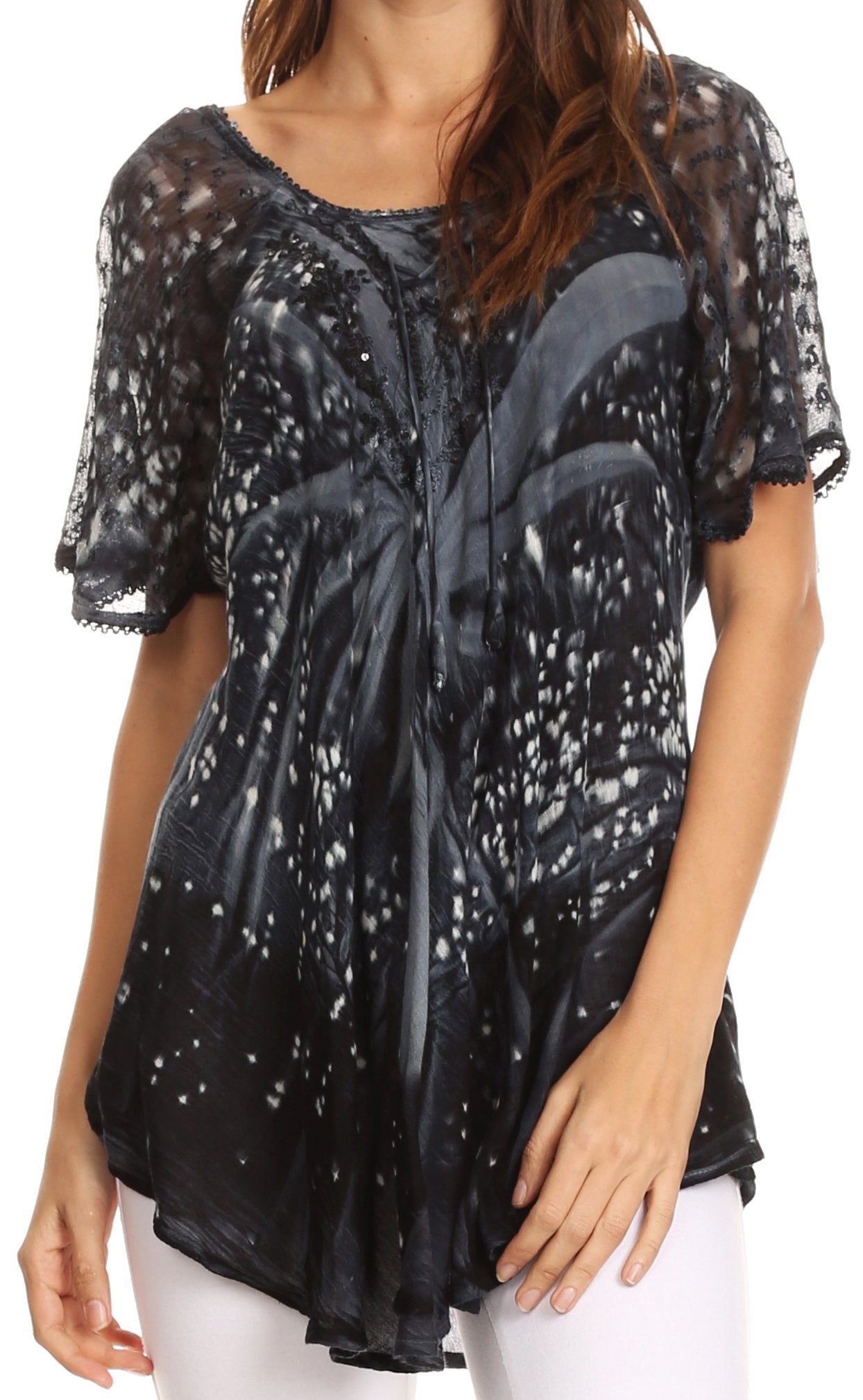 Sakkas Mira Tie Dye Two Tone Sheer Cap Sleeve Relaxed Fit Embellished Tunic Top - Concordia Style Boutique