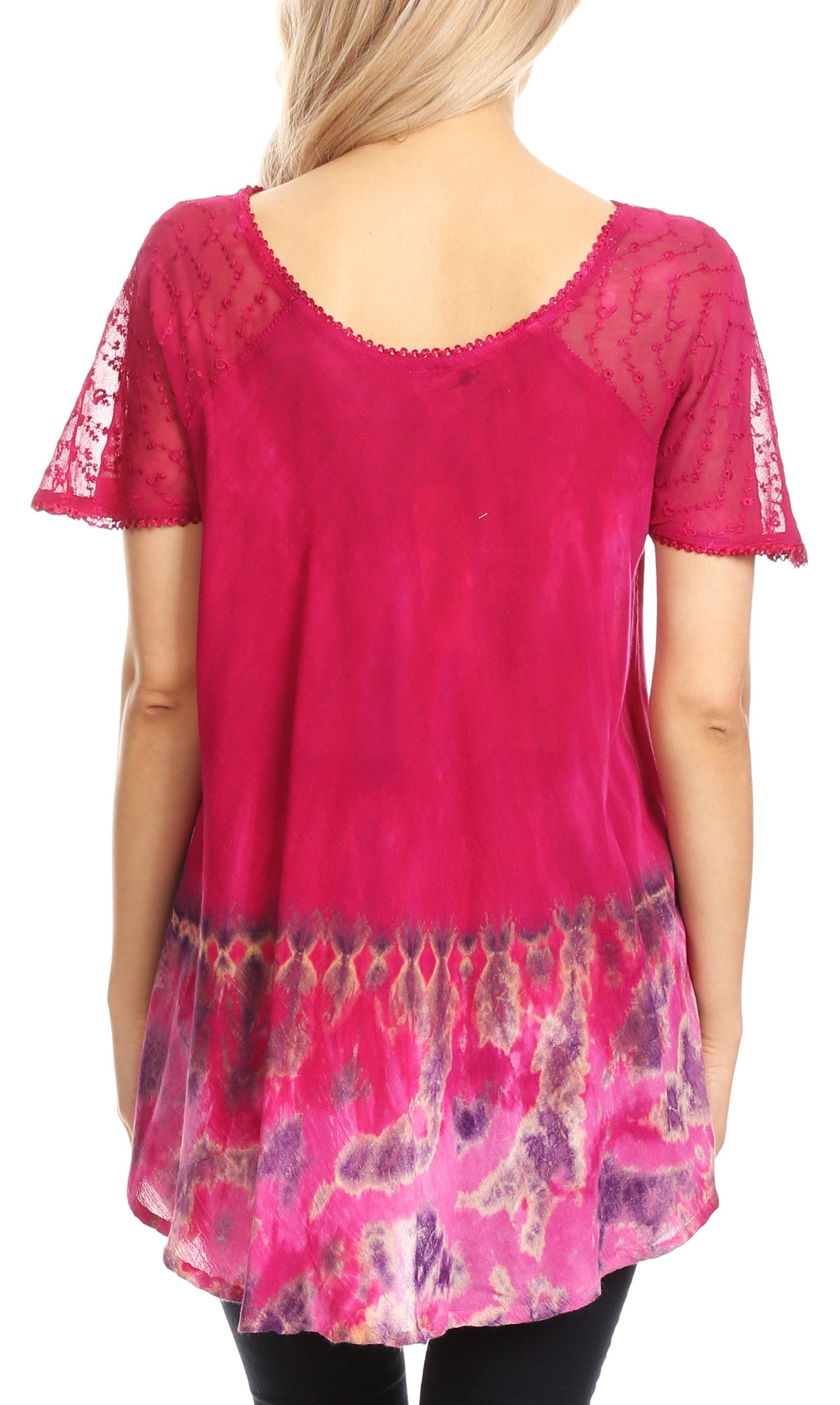 Sakkas Clarice Petite Raglan Lace Up Tie Dye Blouse with Embroidery and Sequins - Concordia Style Boutique