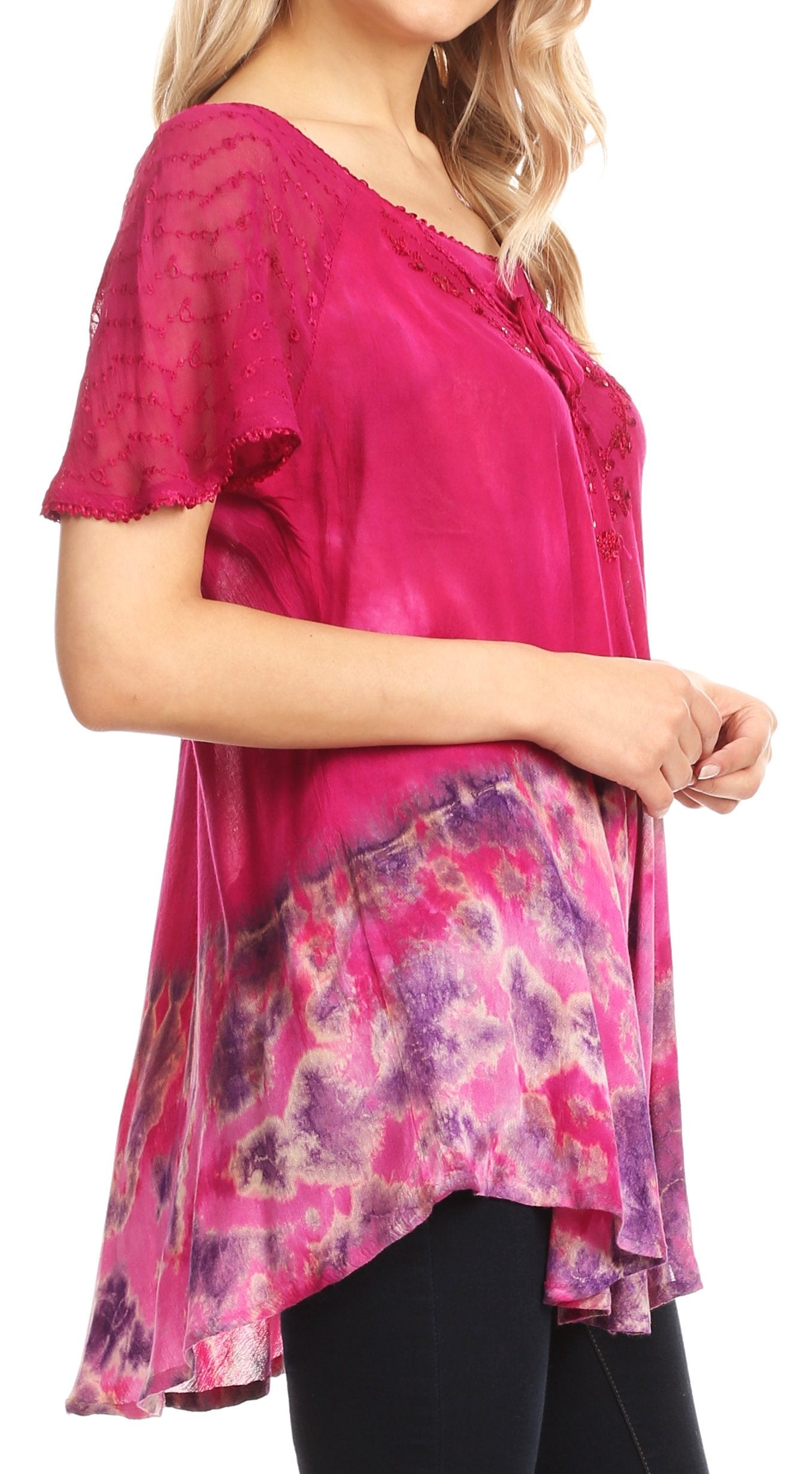 Sakkas Clarice Petite Raglan Lace Up Tie Dye Blouse with Embroidery and Sequins - Concordia Style Boutique