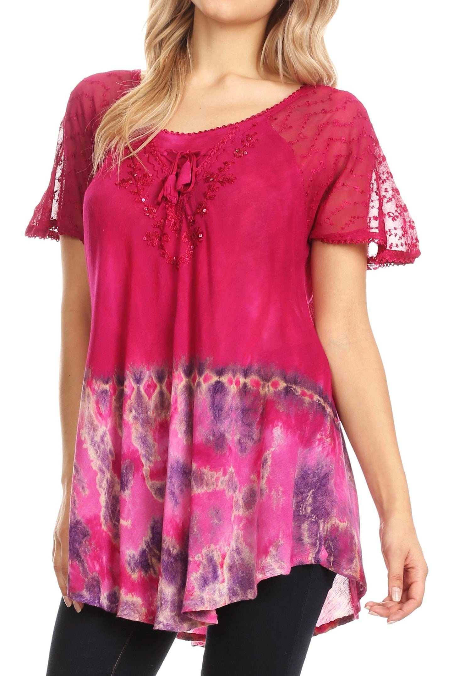 Sakkas Clarice Petite Raglan Lace Up Tie Dye Blouse with Embroidery and Sequins - Concordia Style Boutique