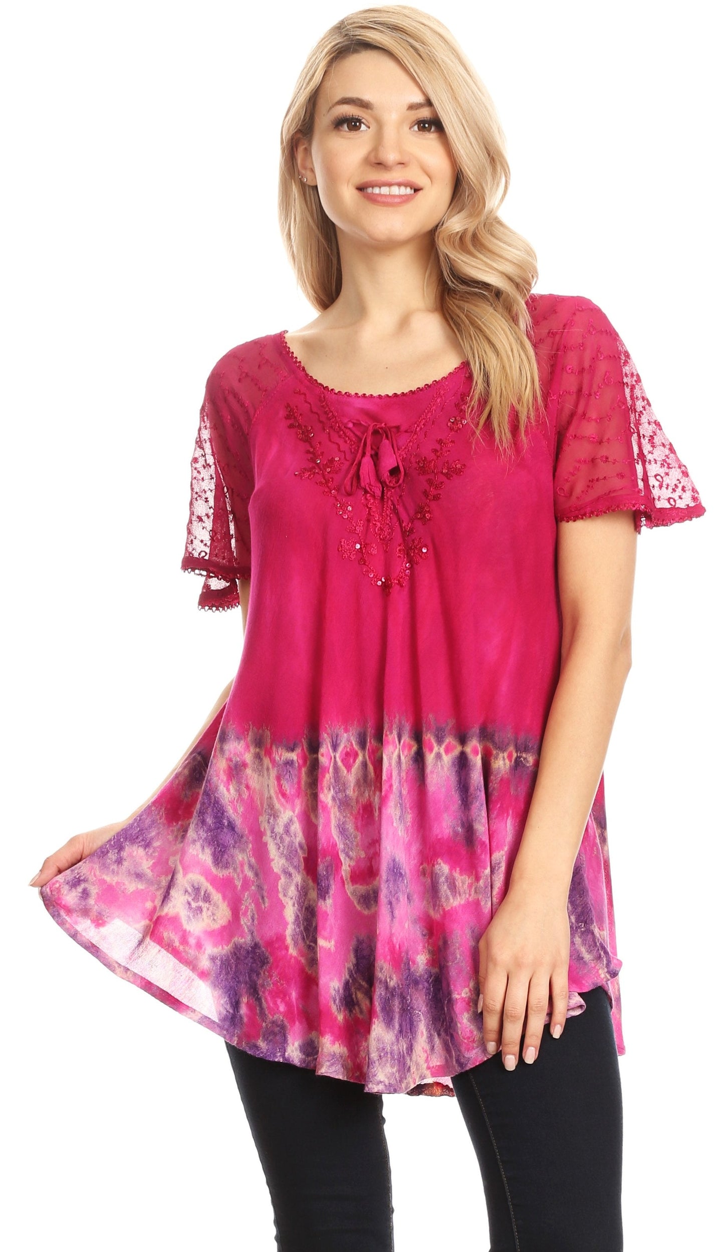 Sakkas Clarice Petite Raglan Lace Up Tie Dye Blouse with Embroidery and Sequins - Concordia Style Boutique