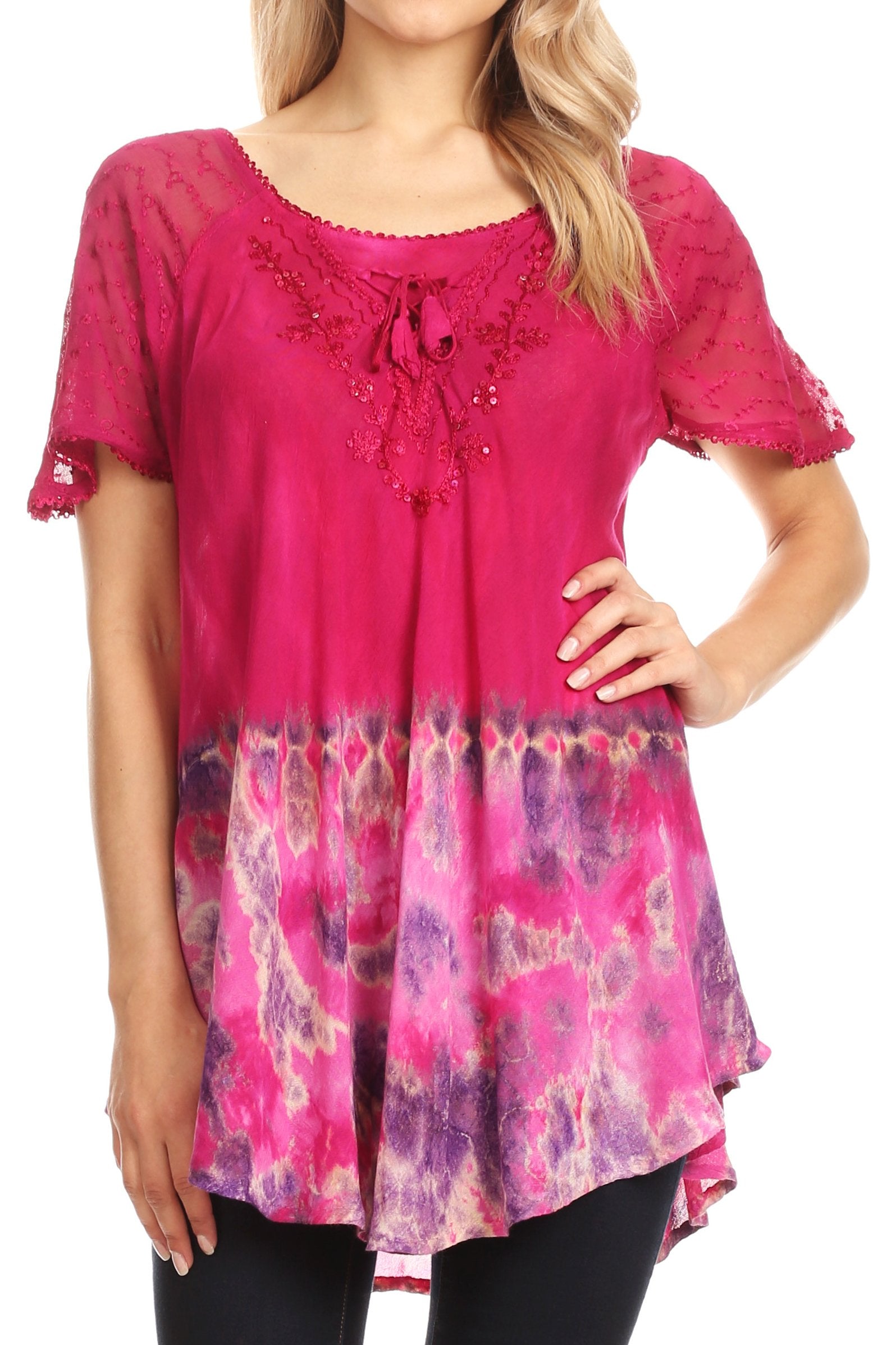 Sakkas Clarice Petite Raglan Lace Up Tie Dye Blouse with Embroidery and Sequins - Concordia Style Boutique