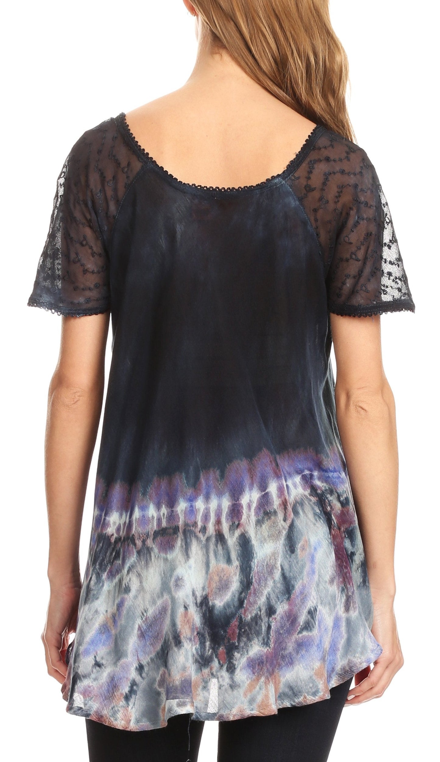 Sakkas Clarice Petite Raglan Lace Up Tie Dye Blouse with Embroidery and Sequins - Concordia Style Boutique