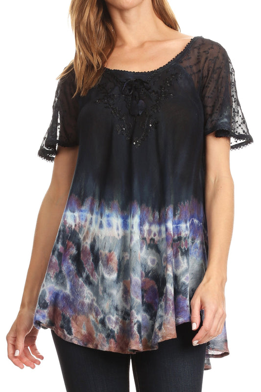 Sakkas Clarice Petite Raglan Lace Up Tie Dye Blouse with Embroidery and Sequins - Concordia Style Boutique