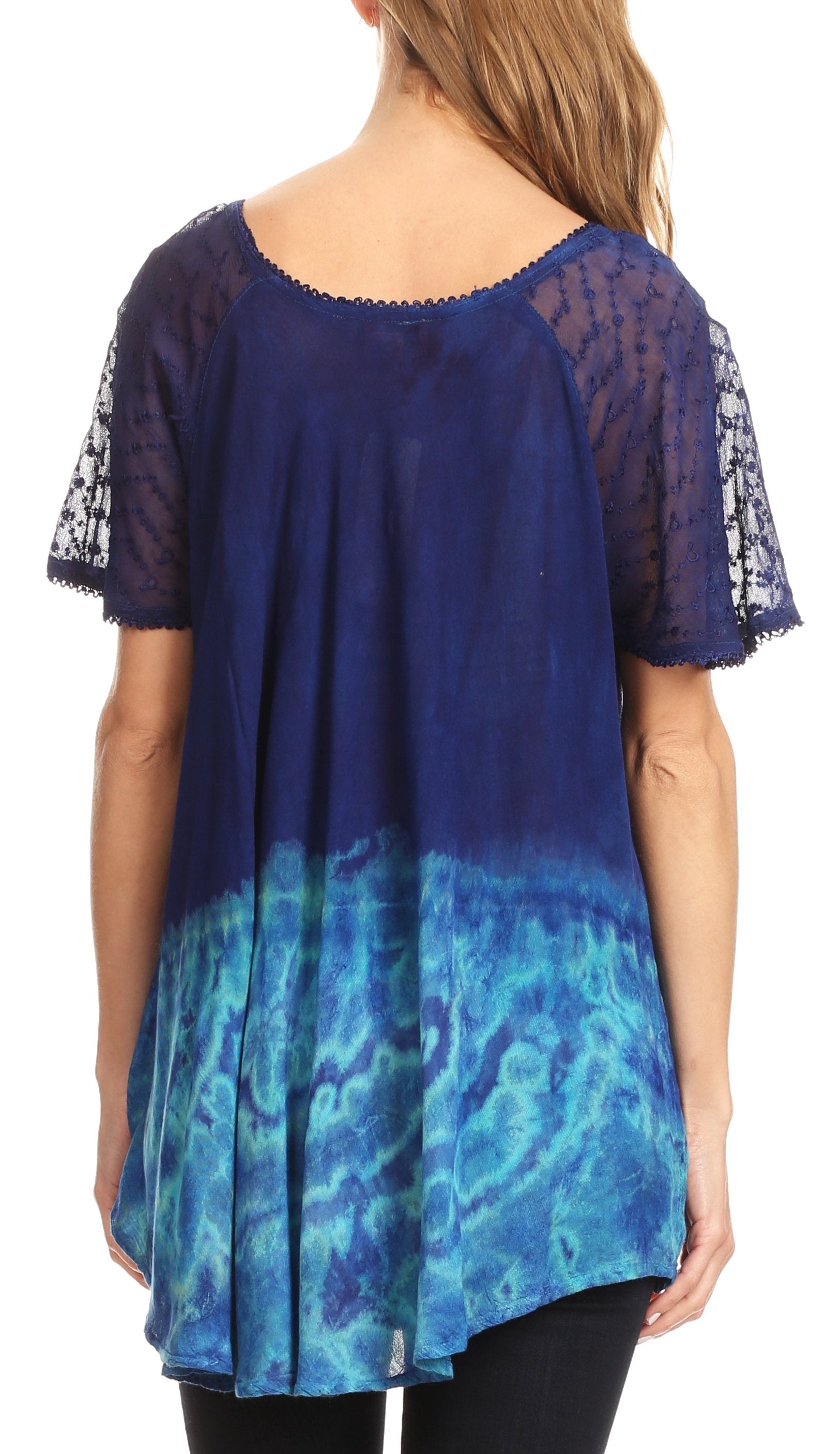 Sakkas Clarice Petite Raglan Lace Up Tie Dye Blouse with Embroidery and Sequins - Concordia Style Boutique