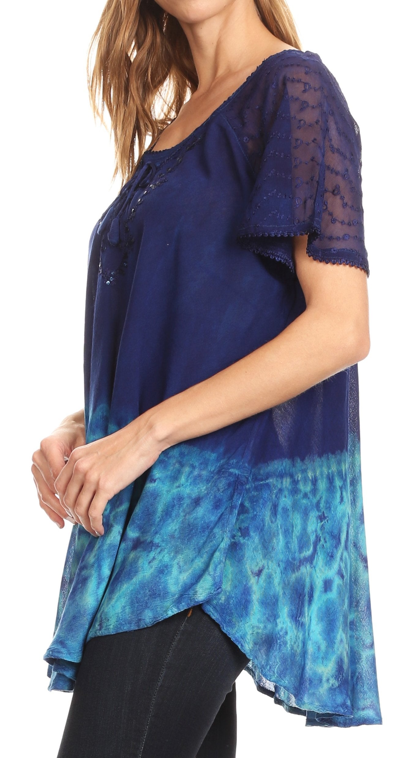 Sakkas Clarice Petite Raglan Lace Up Tie Dye Blouse with Embroidery and Sequins - Concordia Style Boutique