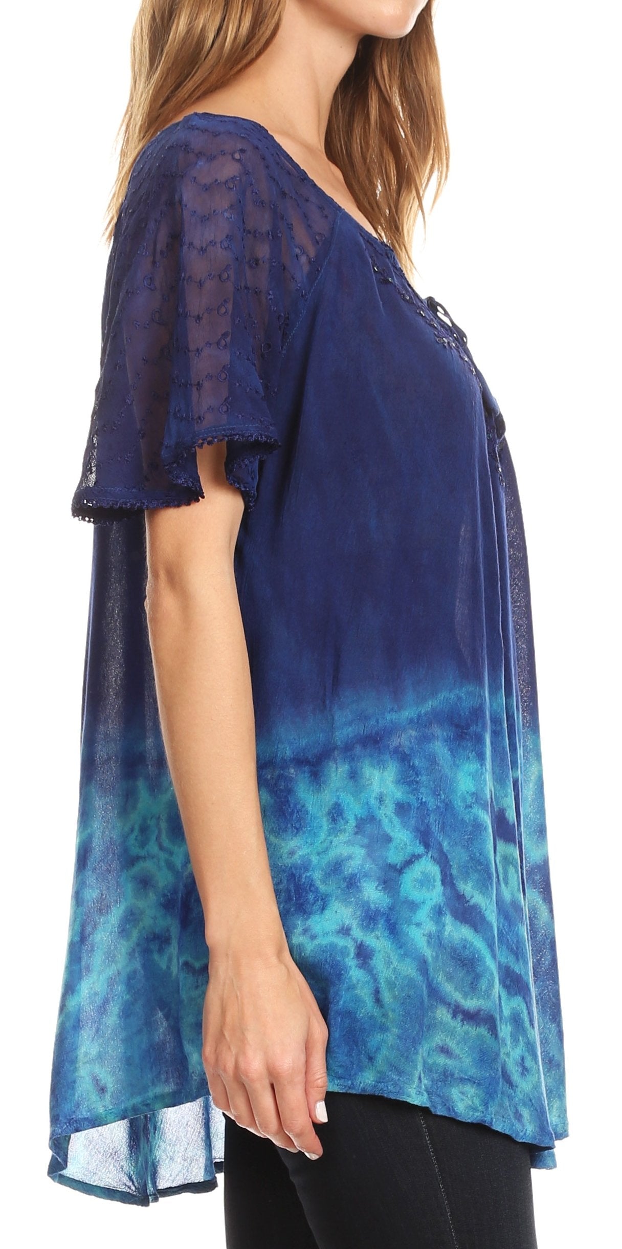 Sakkas Clarice Petite Raglan Lace Up Tie Dye Blouse with Embroidery and Sequins - Concordia Style Boutique