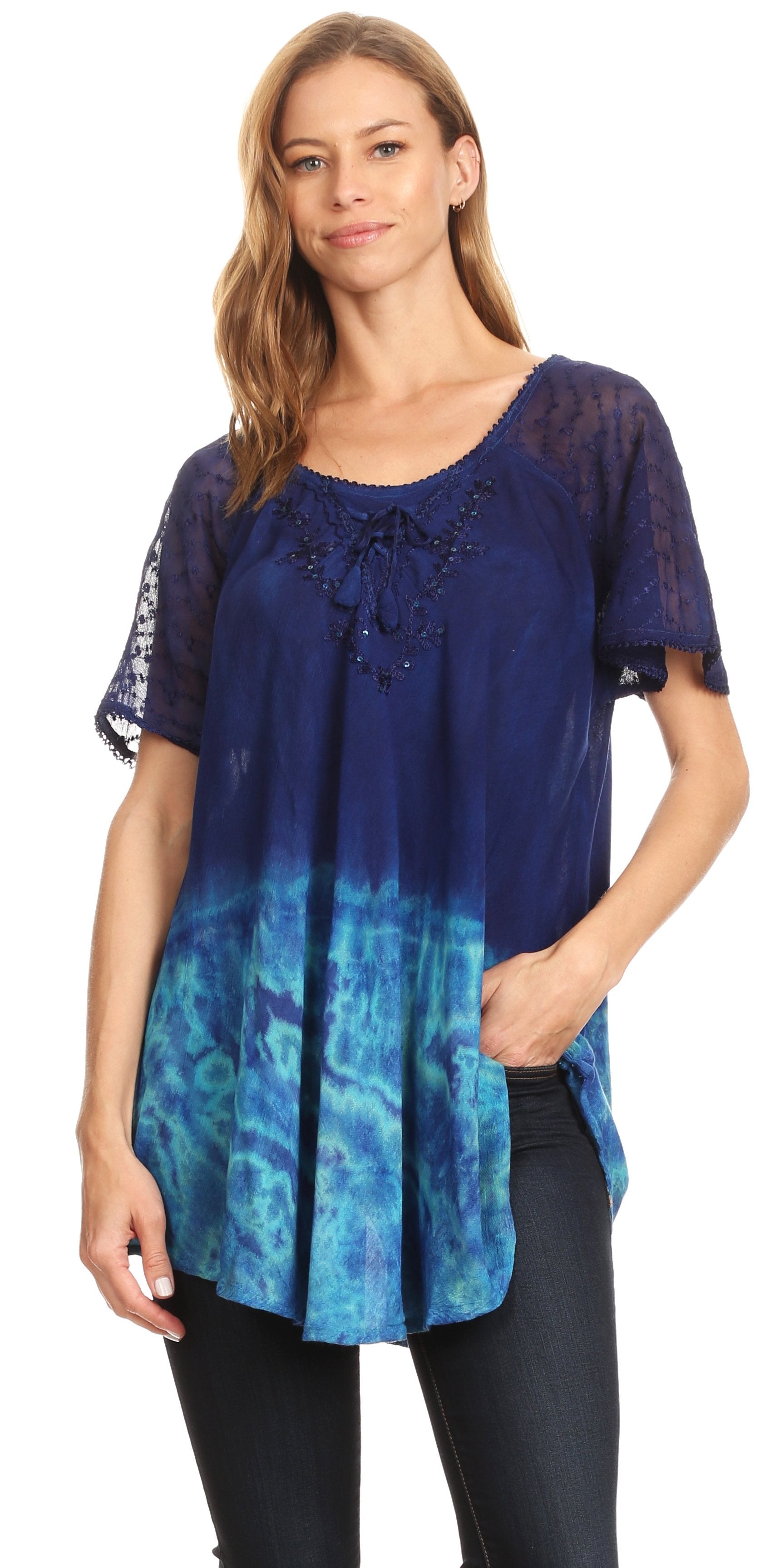 Sakkas Clarice Petite Raglan Lace Up Tie Dye Blouse with Embroidery and Sequins - Concordia Style Boutique