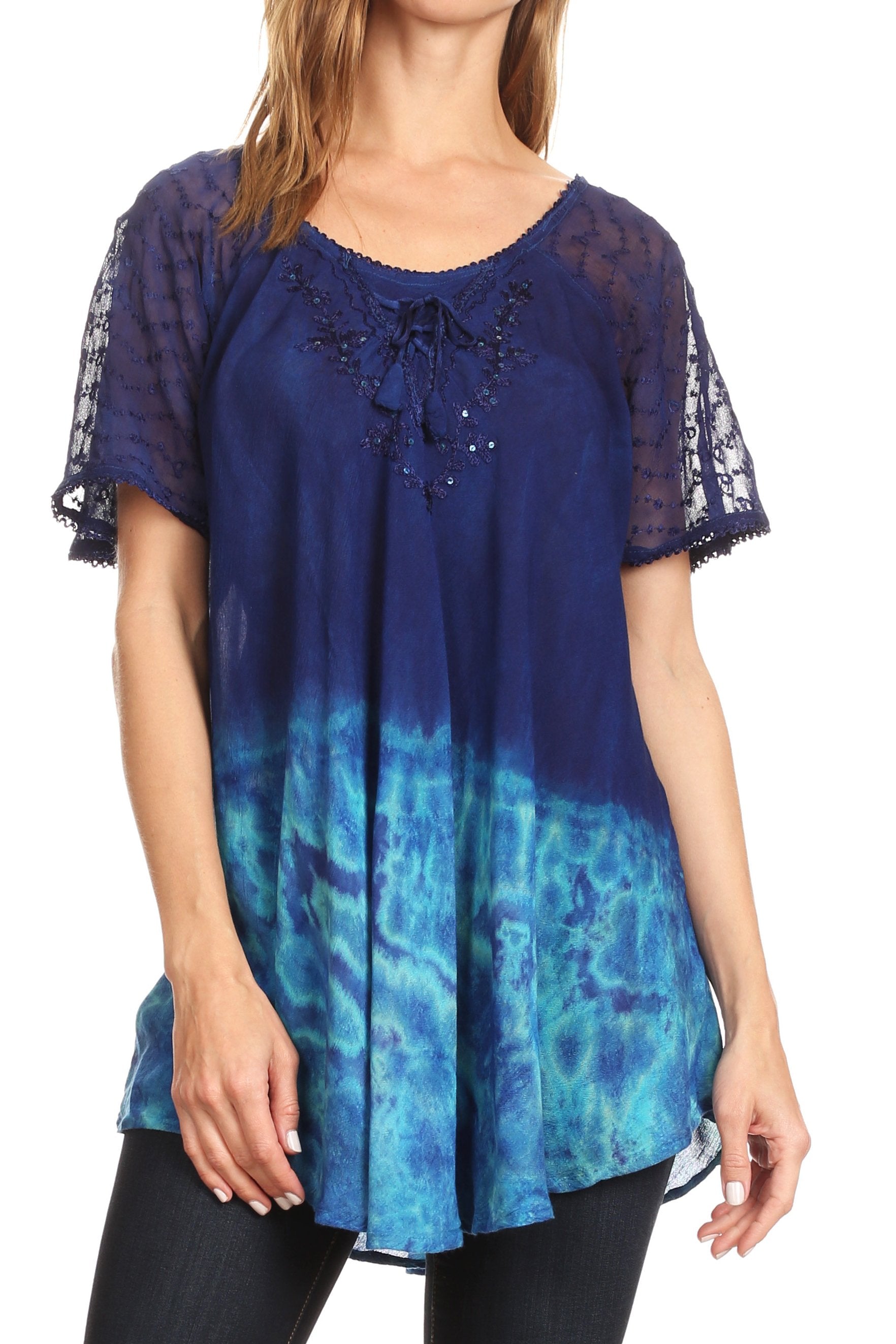 Sakkas Clarice Petite Raglan Lace Up Tie Dye Blouse with Embroidery and Sequins - Concordia Style Boutique