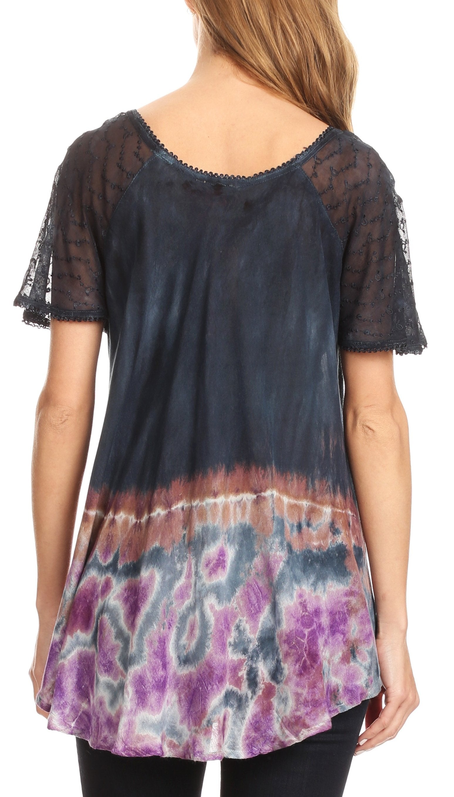 Sakkas Clarice Petite Raglan Lace Up Tie Dye Blouse with Embroidery and Sequins - Concordia Style Boutique