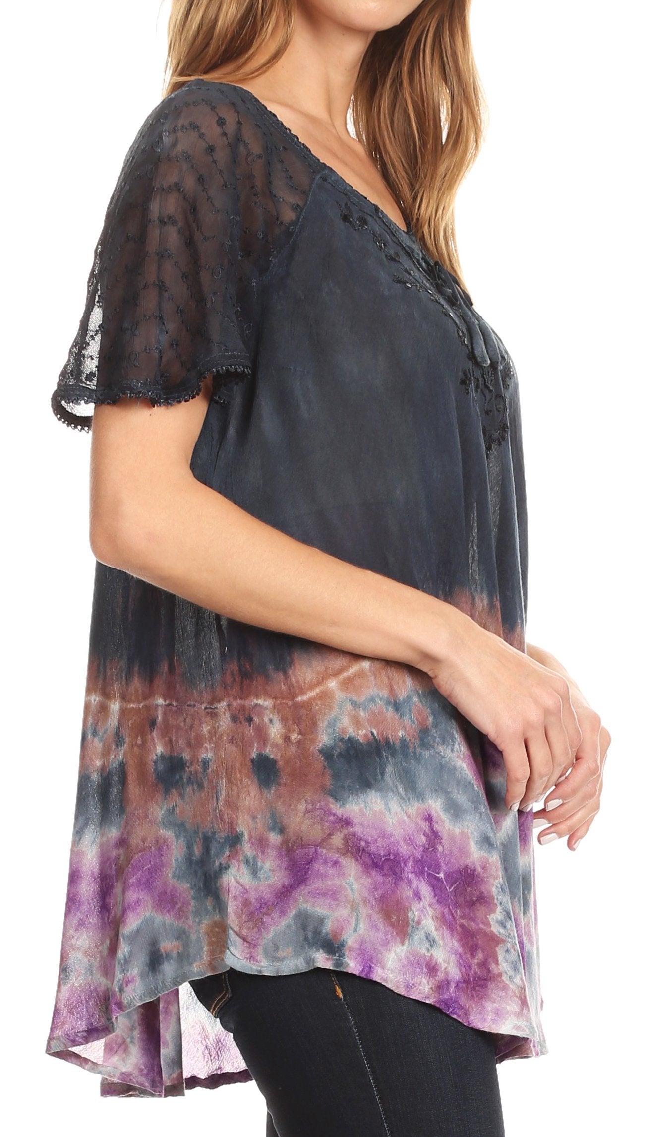 Sakkas Clarice Petite Raglan Lace Up Tie Dye Blouse with Embroidery and Sequins - Concordia Style Boutique