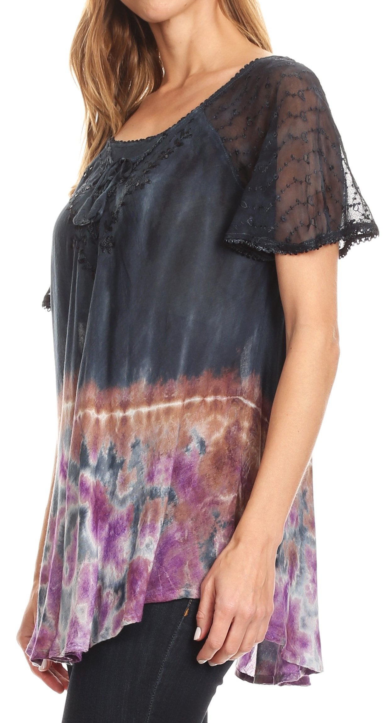 Sakkas Clarice Petite Raglan Lace Up Tie Dye Blouse with Embroidery and Sequins - Concordia Style Boutique