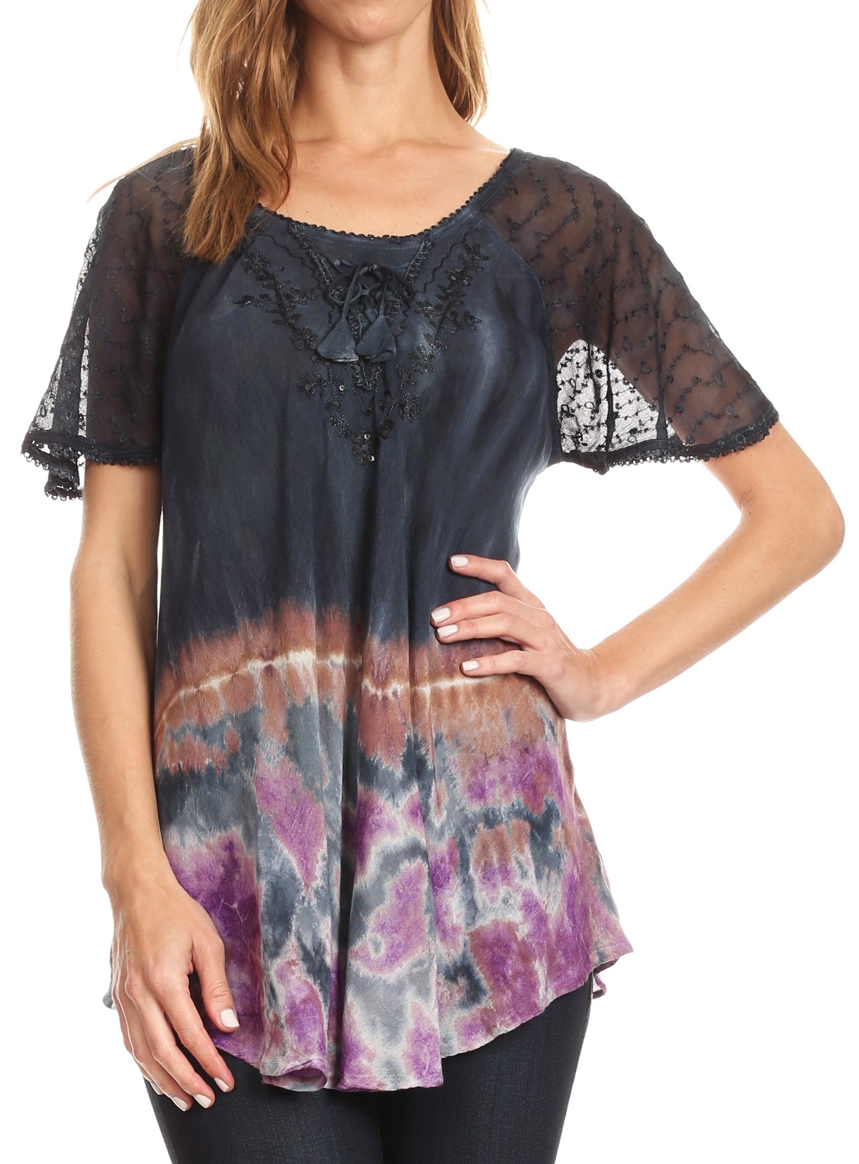 Sakkas Clarice Petite Raglan Lace Up Tie Dye Blouse with Embroidery and Sequins - Concordia Style Boutique