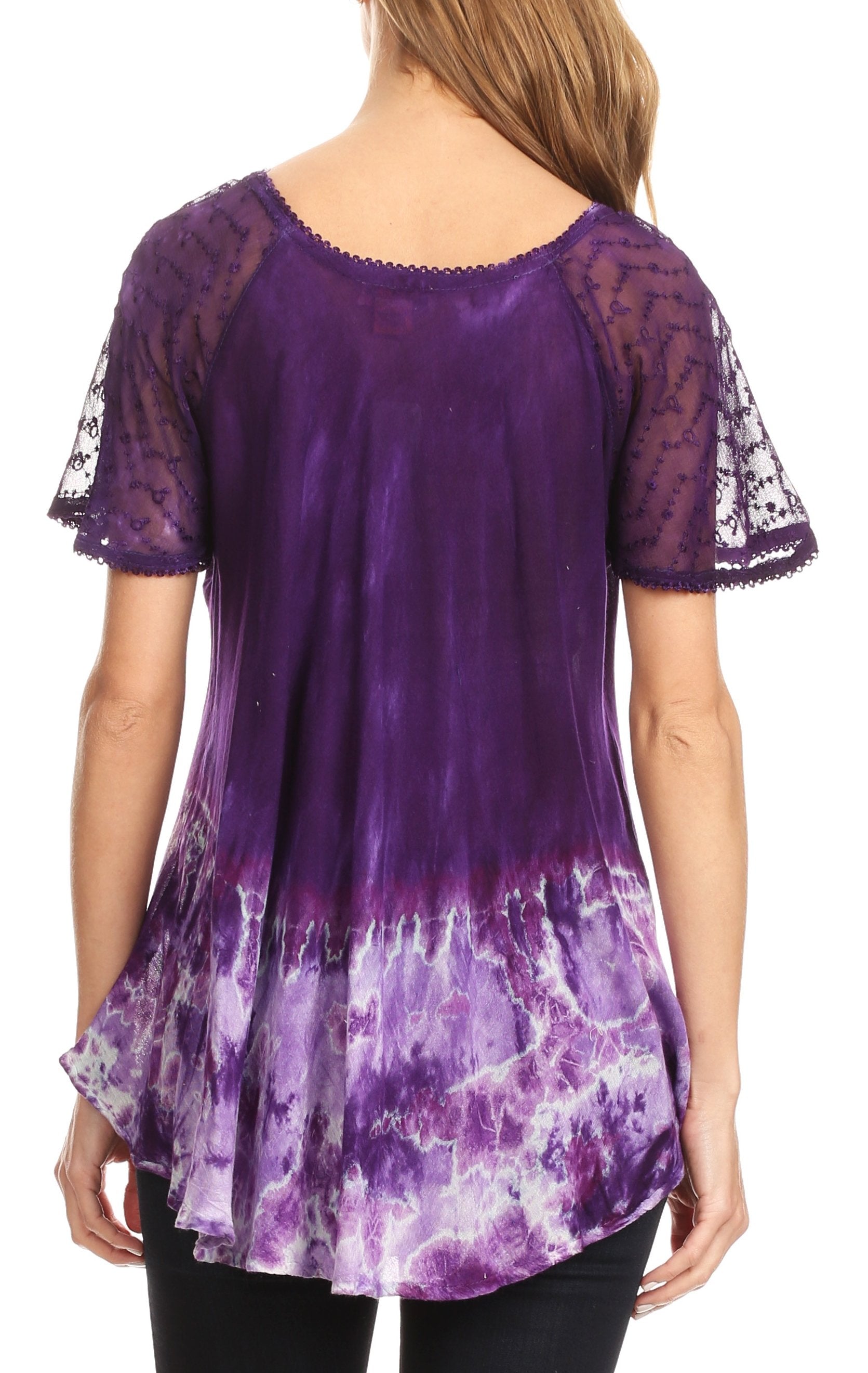Sakkas Clarice Petite Raglan Lace Up Tie Dye Blouse with Embroidery and Sequins - Concordia Style Boutique