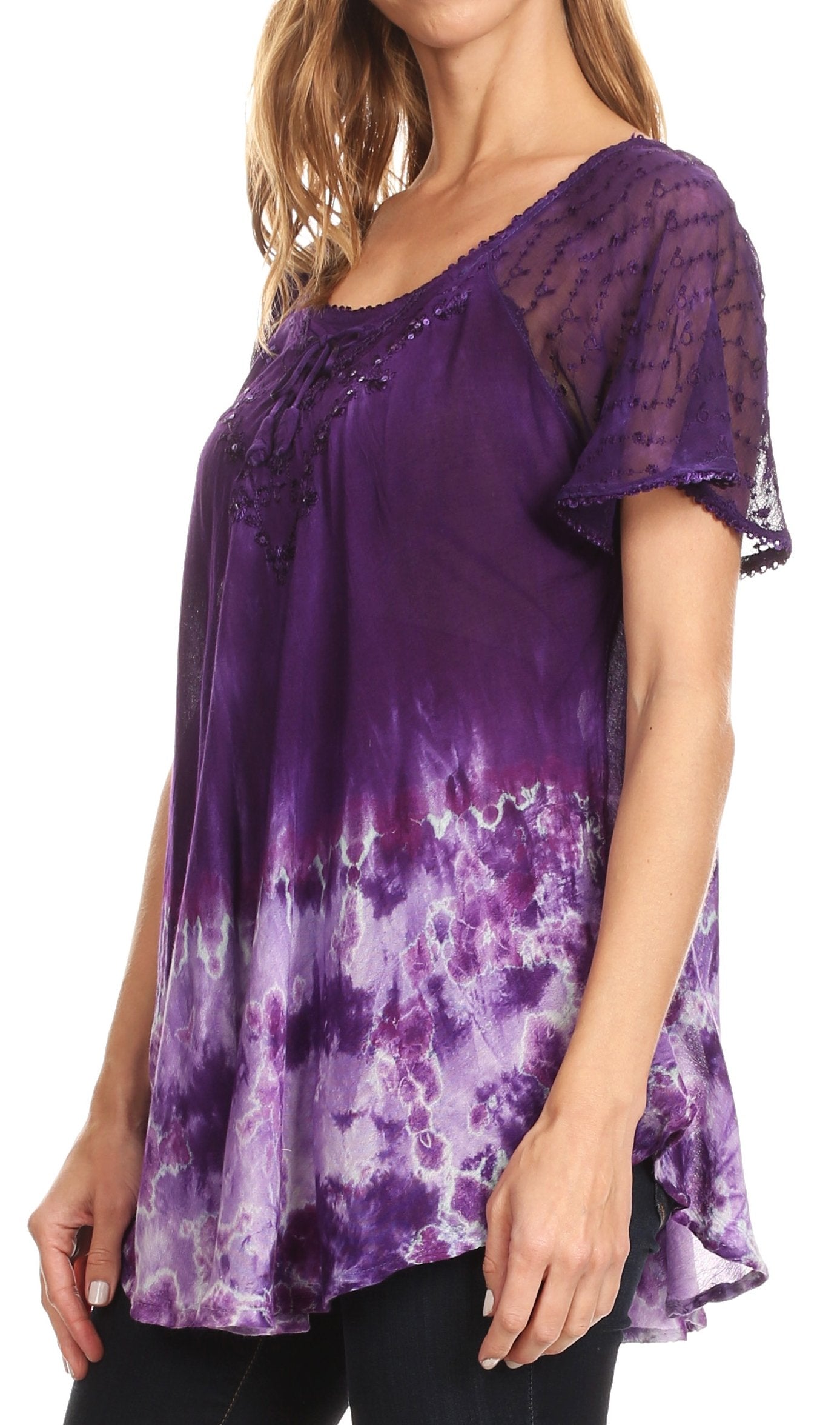 Sakkas Clarice Petite Raglan Lace Up Tie Dye Blouse with Embroidery and Sequins - Concordia Style Boutique