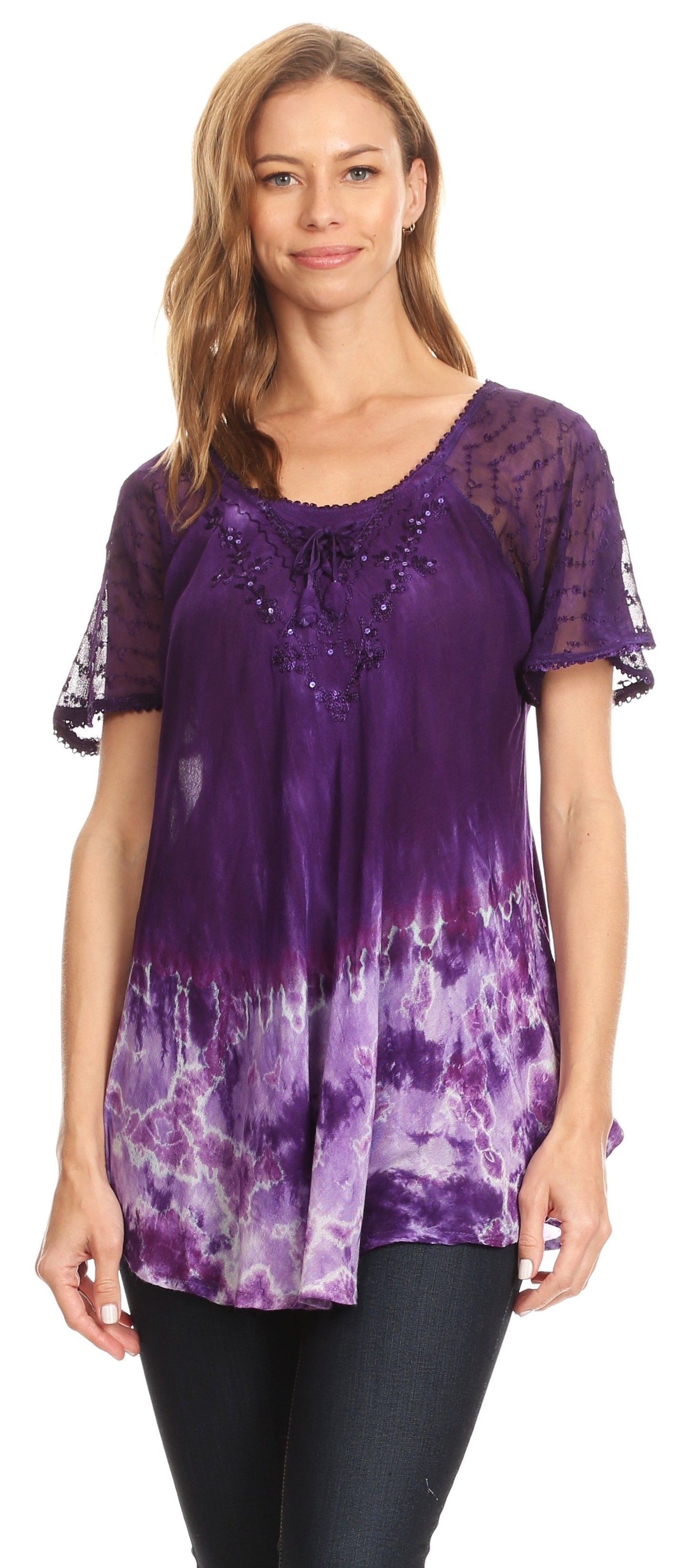 Sakkas Clarice Petite Raglan Lace Up Tie Dye Blouse with Embroidery and Sequins - Concordia Style Boutique
