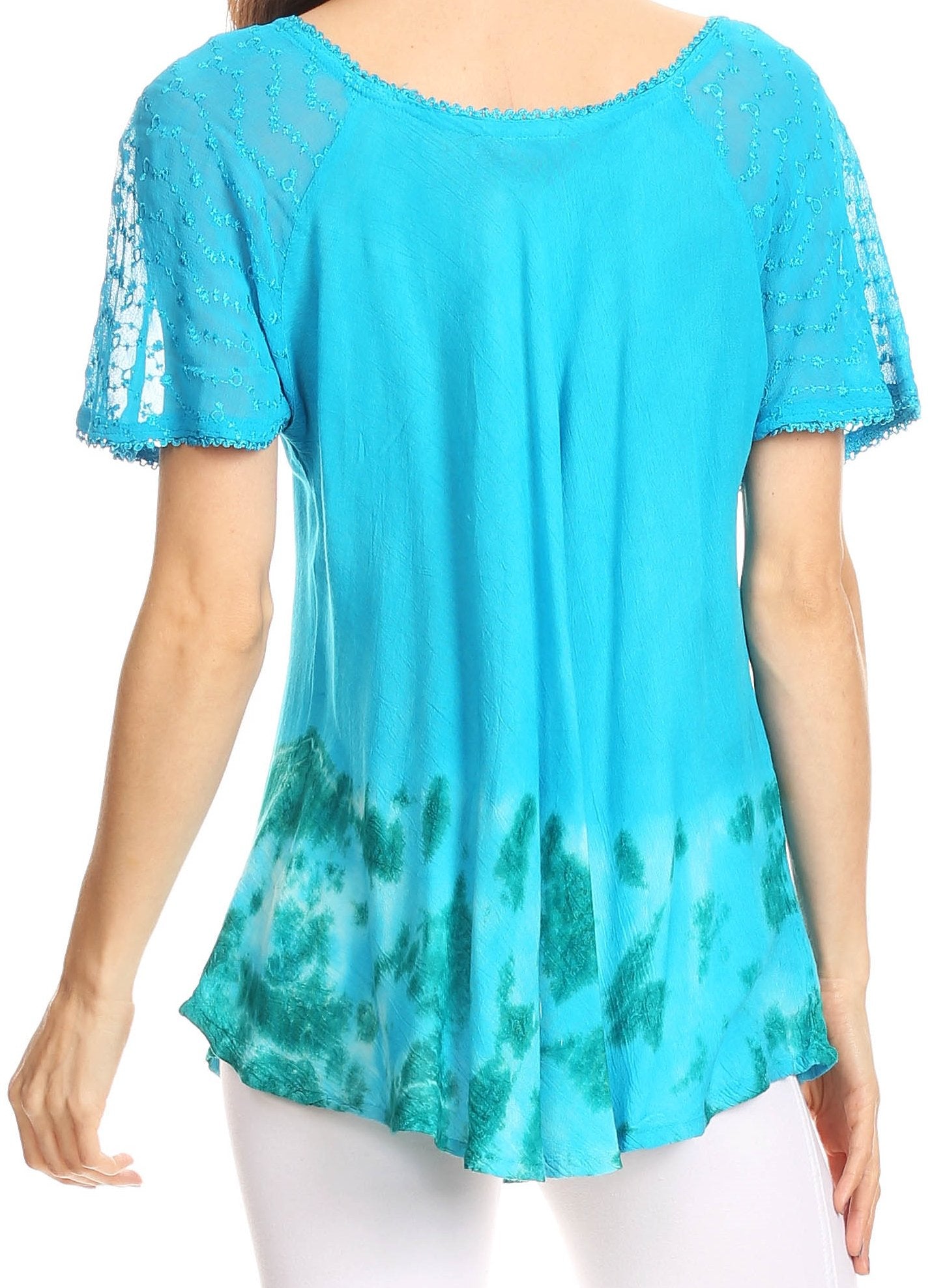 Sakkas Clarice Petite Raglan Lace Up Tie Dye Blouse with Embroidery and Sequins - Concordia Style Boutique