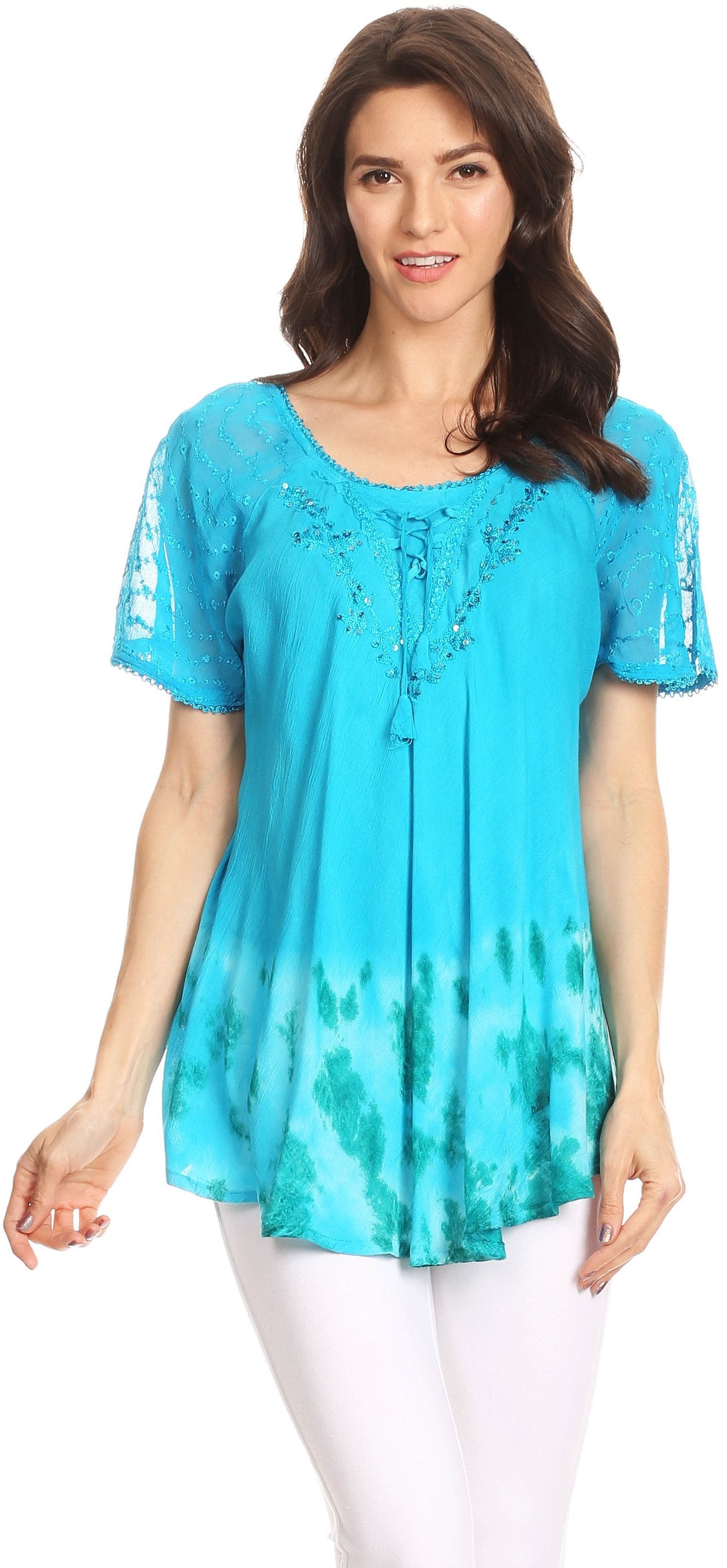 Sakkas Clarice Petite Raglan Lace Up Tie Dye Blouse with Embroidery and Sequins - Concordia Style Boutique