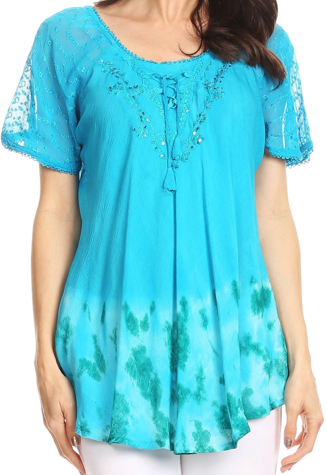 Sakkas Clarice Petite Raglan Lace Up Tie Dye Blouse with Embroidery and Sequins - Concordia Style Boutique