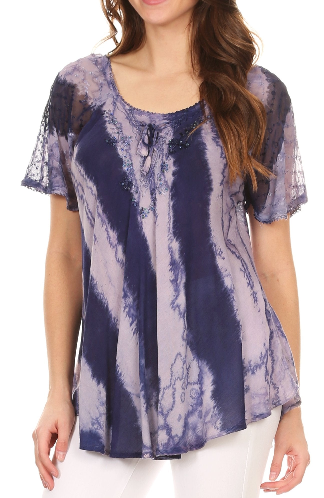 Sakkas Valencia Tie Dye Sheer Cap Sleeve Embellished Drawstring Scoop Neck Top - Concordia Style Boutique