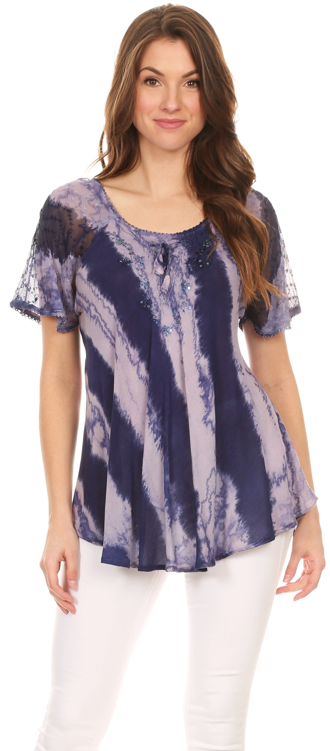 Sakkas Valencia Tie Dye Sheer Cap Sleeve Embellished Drawstring Scoop Neck Top - Concordia Style Boutique