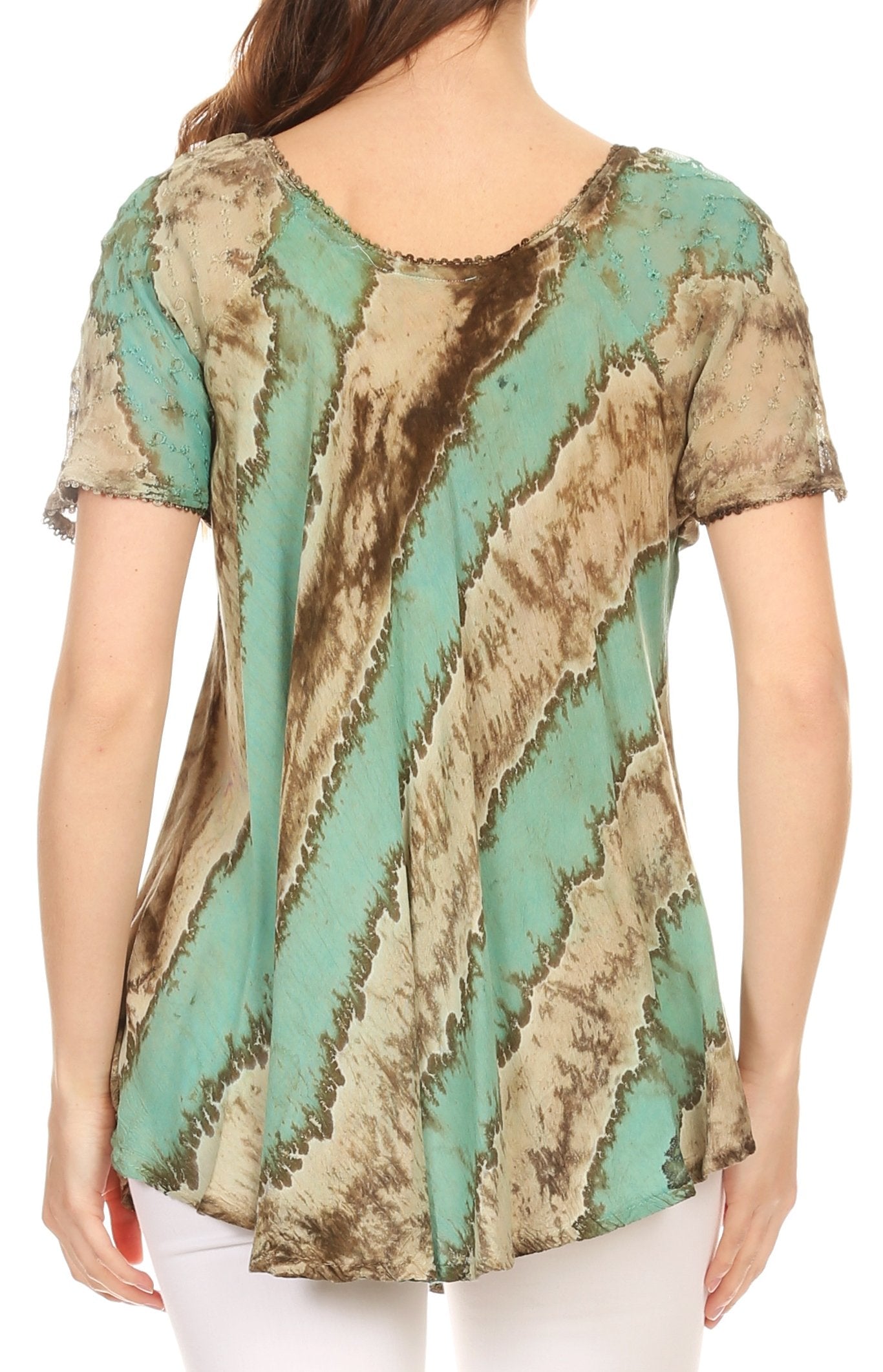 Sakkas Valencia Tie Dye Sheer Cap Sleeve Embellished Drawstring Scoop Neck Top - Concordia Style Boutique